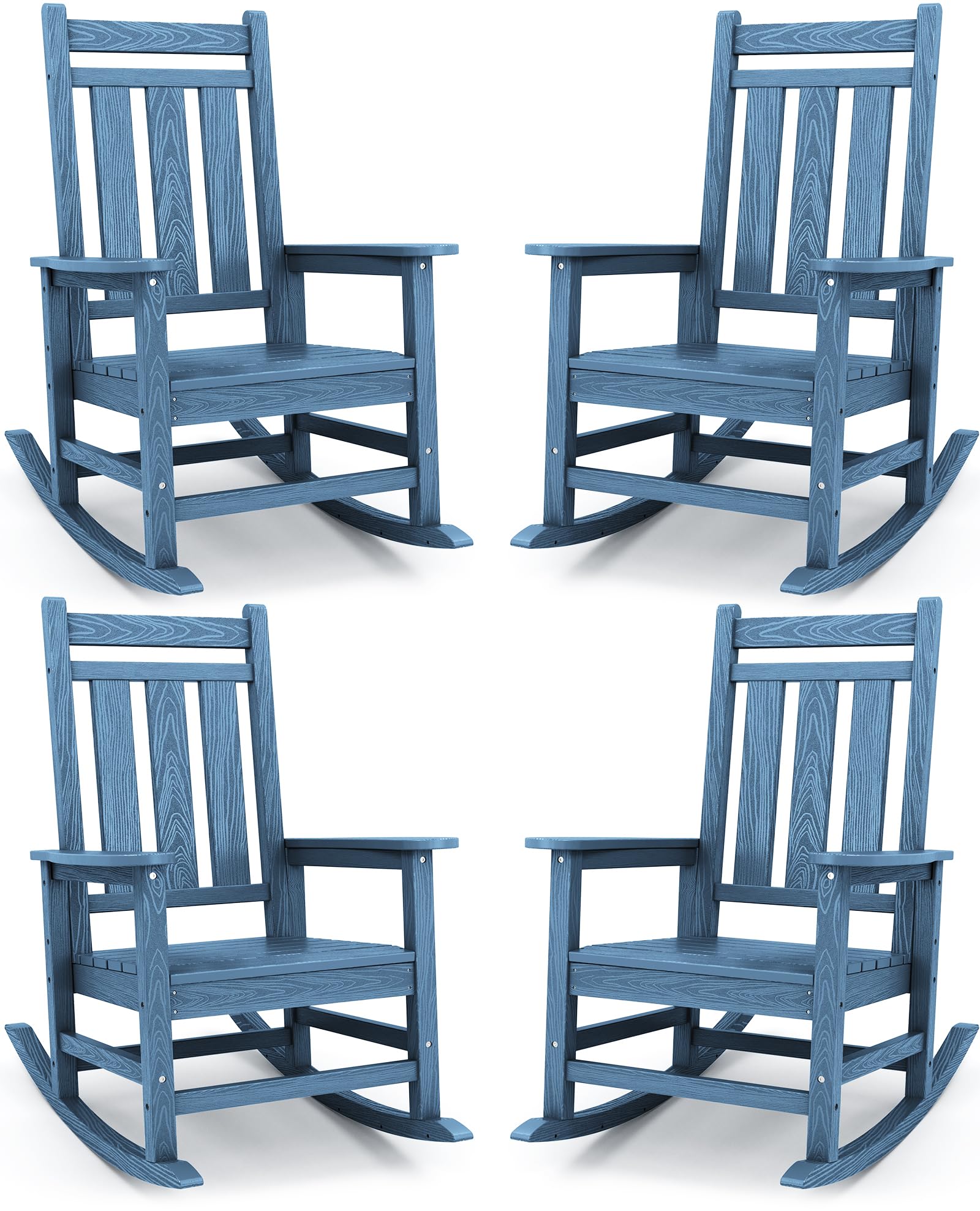 KINGYES Oversized Outdoor Rocking Chair Set of 4, HDPE Patio Rockers, Blue