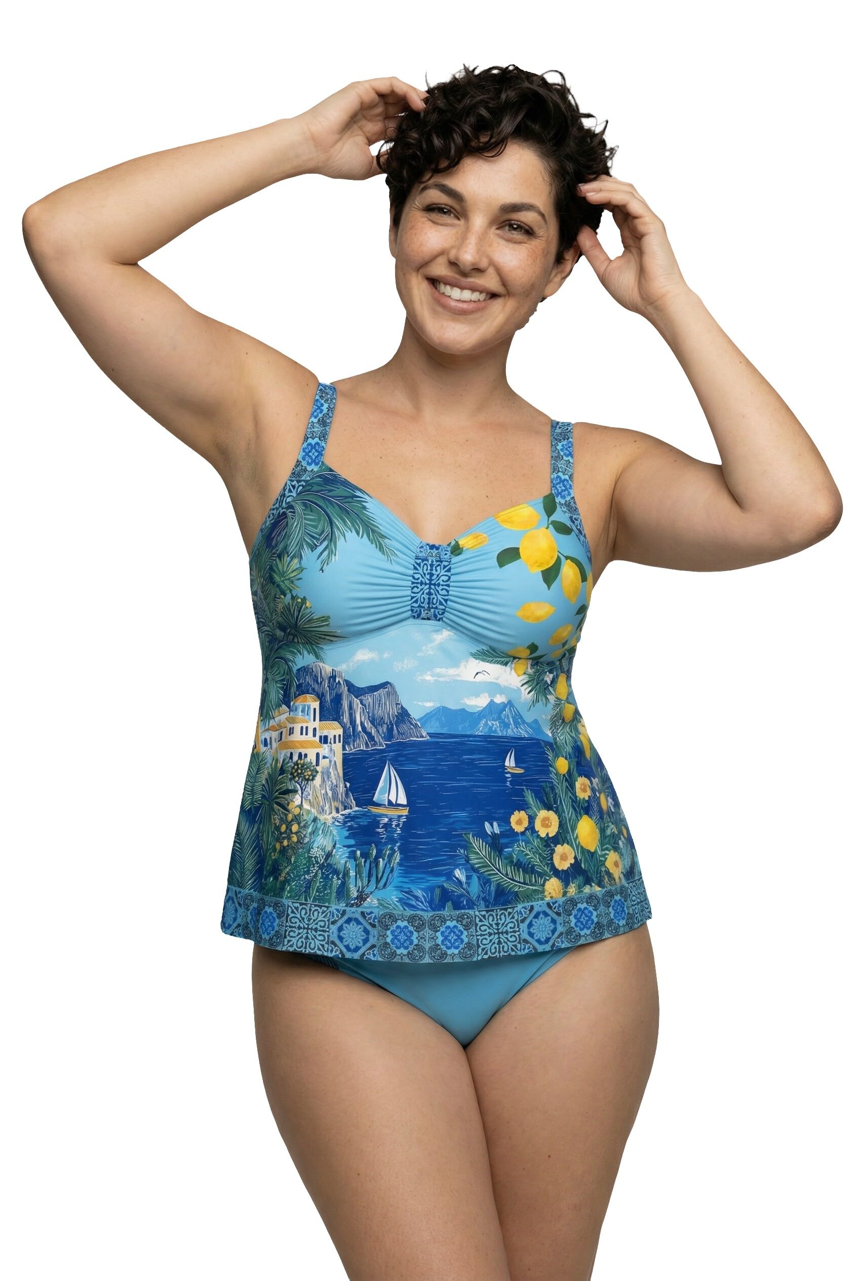 Ulla Popken Femme Grandes Tailles Tankini Motif Vacances au Bord de la mer, Bonnets Souples, Bretelles réglables Saphir Clair 58 847199713-56