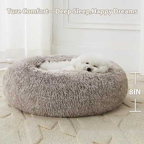 Miniatura 3 de WNPETHOME - Cama calmante para perros y gatos, anti-ansiedad, de piel sintética, con forma de dona, redonda de felpa (24 x 24 pulgadas, café claro)