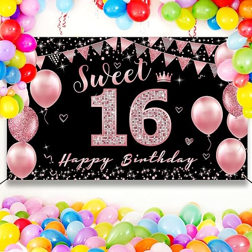 Miniatura 6 de Vicycaty Decoraciones de cumpleaños de 16 años – Cartel de fondo, decoración de fiesta de feliz 16 para niñas, cartel de 16 yardas de oro rosa y