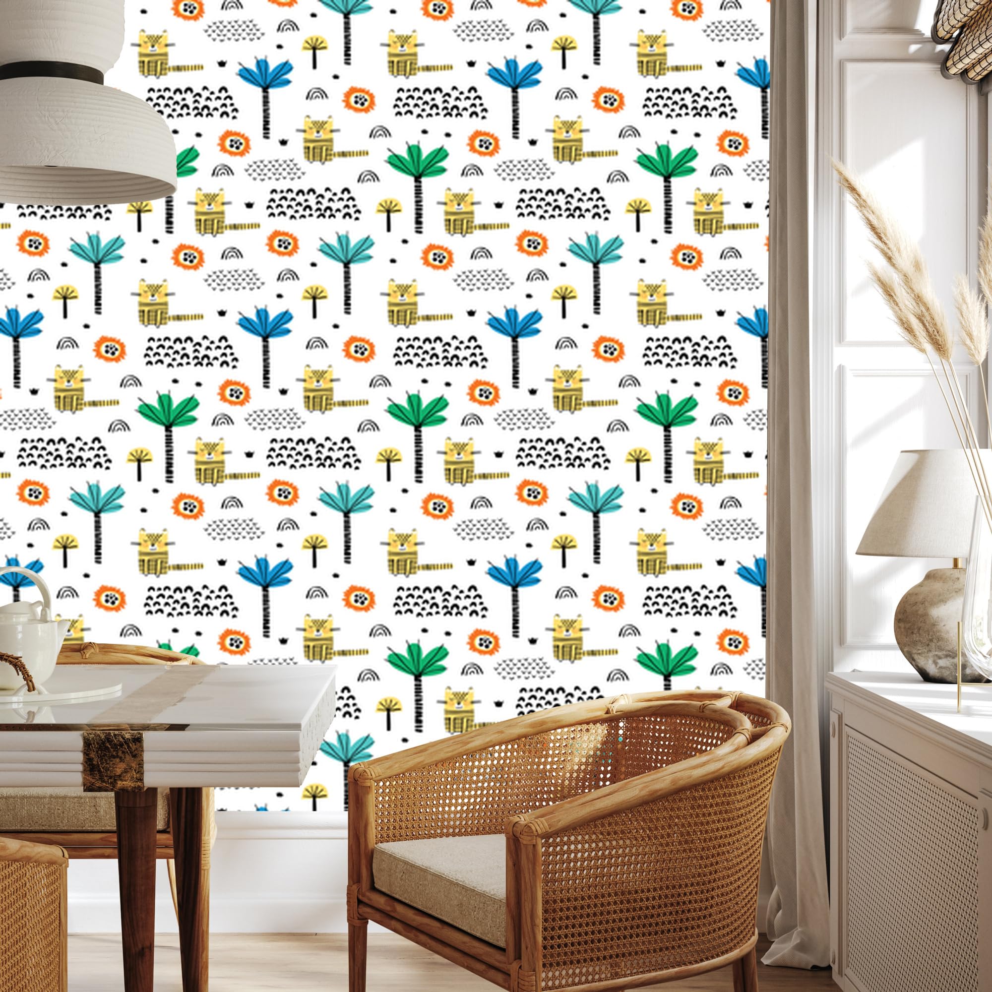 Vliestapete Tiere, Katzen und Bäume 50 x 1000 cm | Feline Tierillustration; Verspielter Zimmerschmuck; Behagliche Kinderdekoration; Kleister im Set