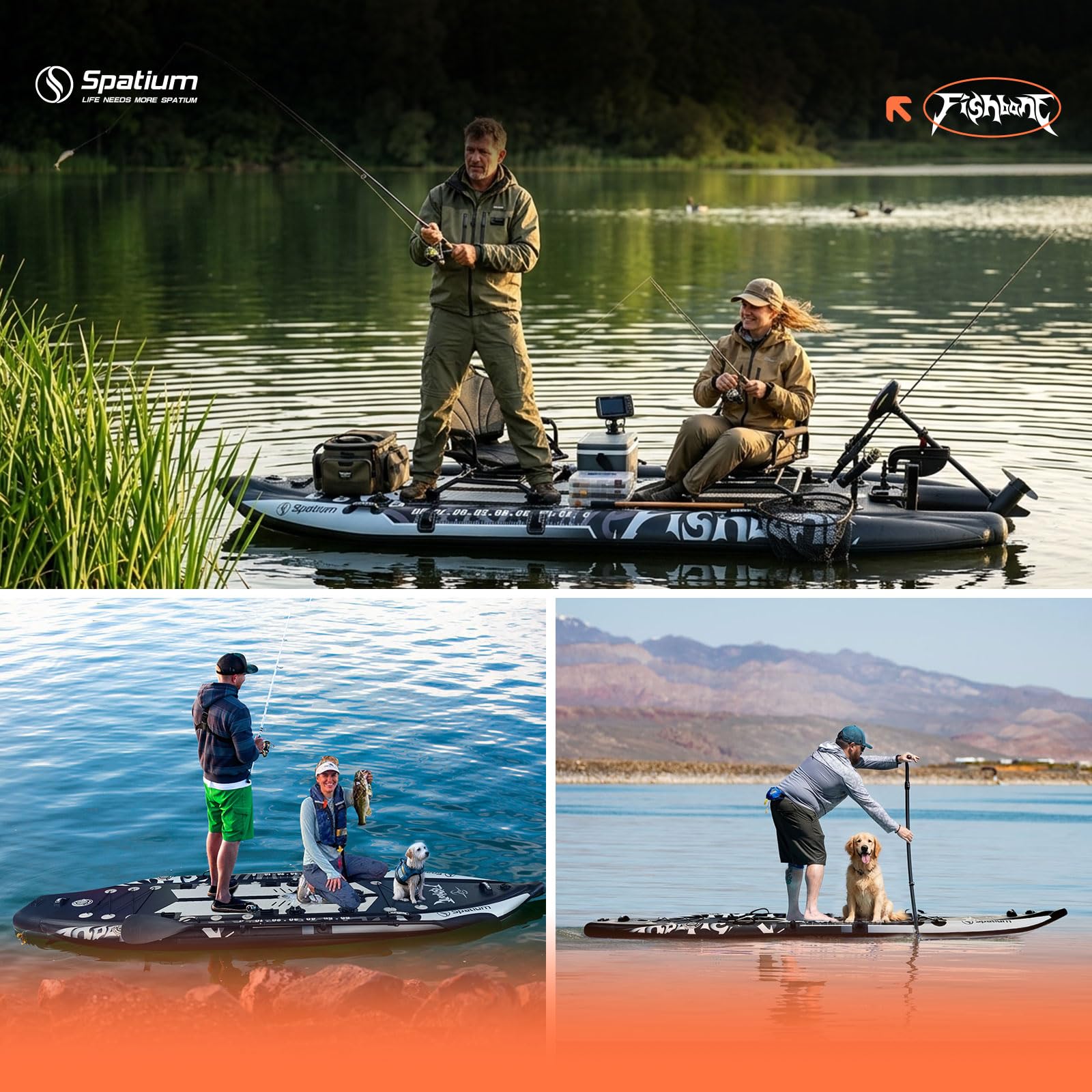 Spatium Tavola da pesca SUP gonfiabile Stand Up Paddle Board per adulti 11 '* 121,9 * 15,2 cm, kayak da pesca con accessori di alta qualità, 2 supporti per canna da pesca, sedile girevole