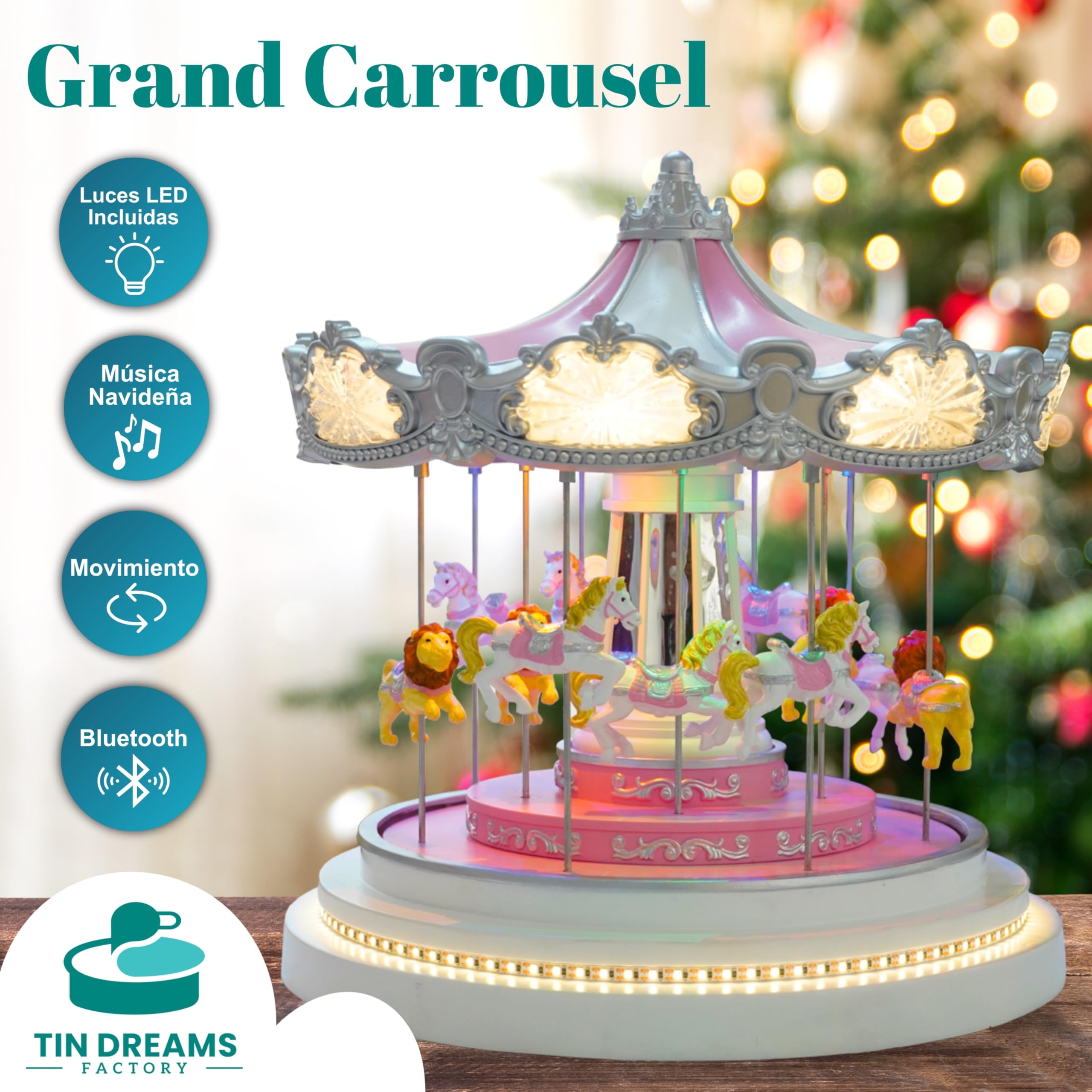 Tin Dreams | Carrusel Navidad Grande con Movimiento, Música, Luces LED y Bluetooth | Tiovivo Decorativo | Pueblo Navideño, Villa, Aldea Miniatura, Escena Animada Iluminada | Adorno Decoración Hogar
