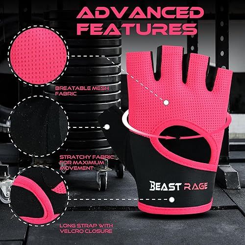 Miniatura 4 de BEAST RAGE Guantes de entrenamiento para hombres y mujeres, guantes de gimnasio sin dedos con protección de la palma, transpirables y ligeros para