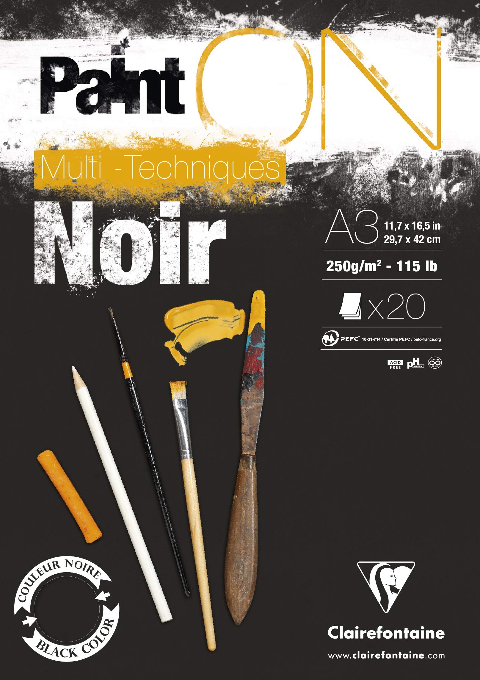 Clairefontaine 975170C Blocco collato PaintON multi-tecnica - 20 fogli carta da disegno multi-tecnica a Grana leggermente rugosa - Nera - A3 29,7x42 cm 250g