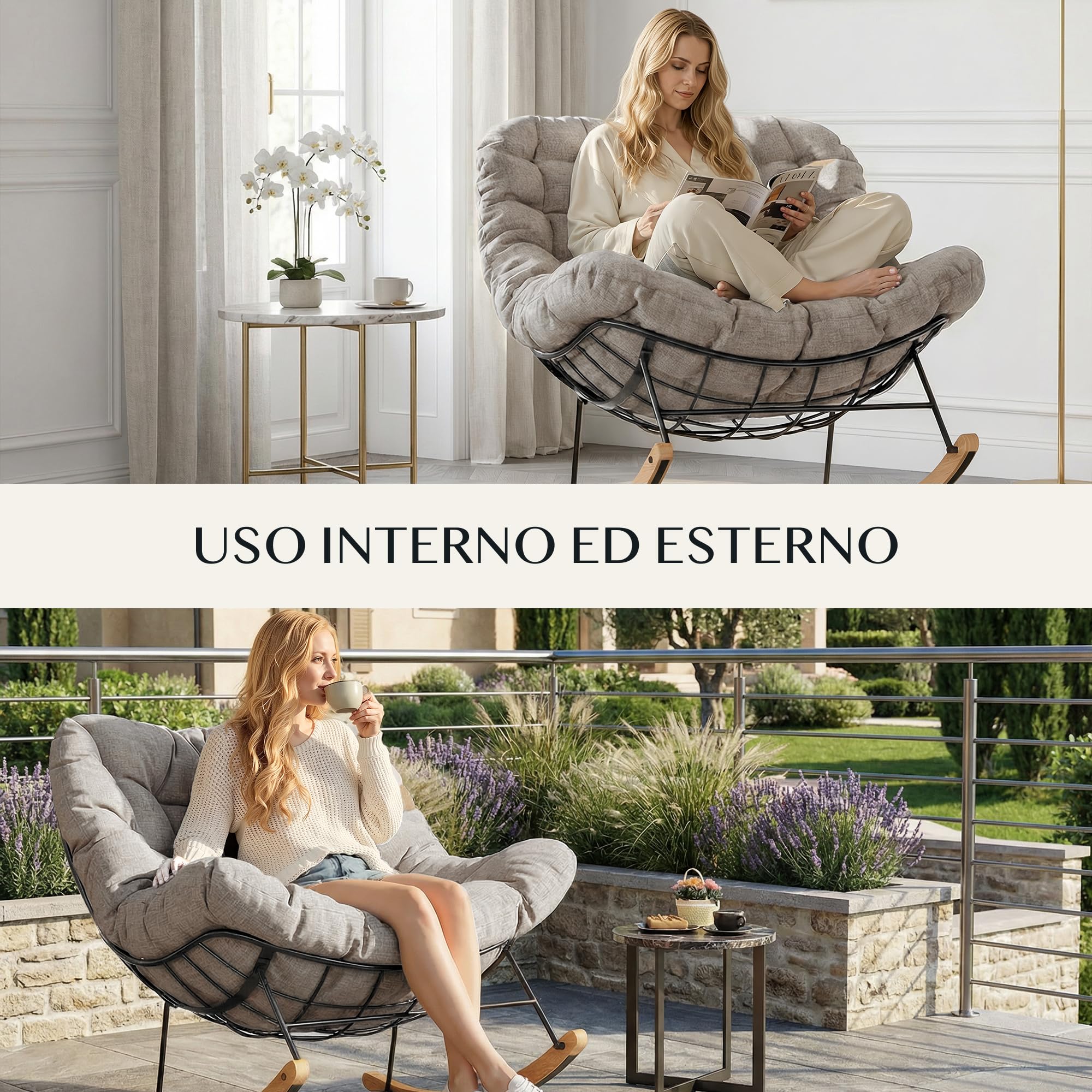 FLEXISPOT Sedia a Dondolo da Giardino, Poltrona Relax Ergonomica con Poggiatesta Imbottito, Struttura in Metallo Robusta, per Balcone, Terrazza e Soggiorno