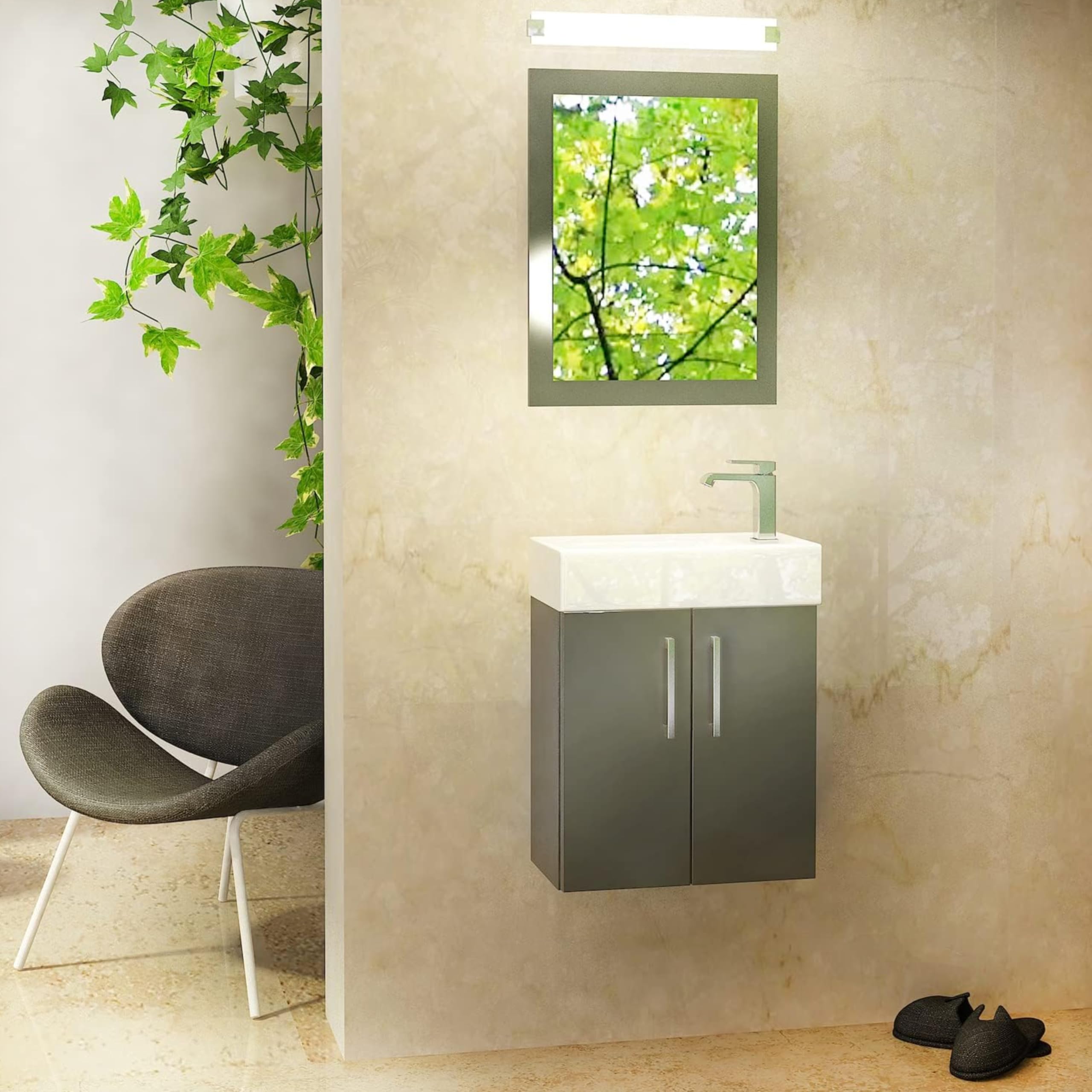 Waschbecken mit Unterschrank 41 x 50 x 21.5 cm (BxHxT) Majorka, Badezimmerschrank hängend, Waschtisch mit Unterschrank, Badezimmermöbel für Gäste WC, Waschbeckenunterschrank - Grau