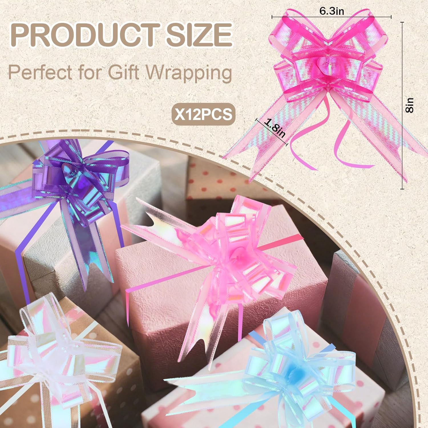 Pull Bows for Gift Wrapping, 12Pcs Bow Ribbon for Gift Wrapping 6 Inches Large Christmas Bows Gift Bow for Presents Package, Gift Baskets, Wedding Gift Box and Party Birthdays Holidays Decoration - Image 2