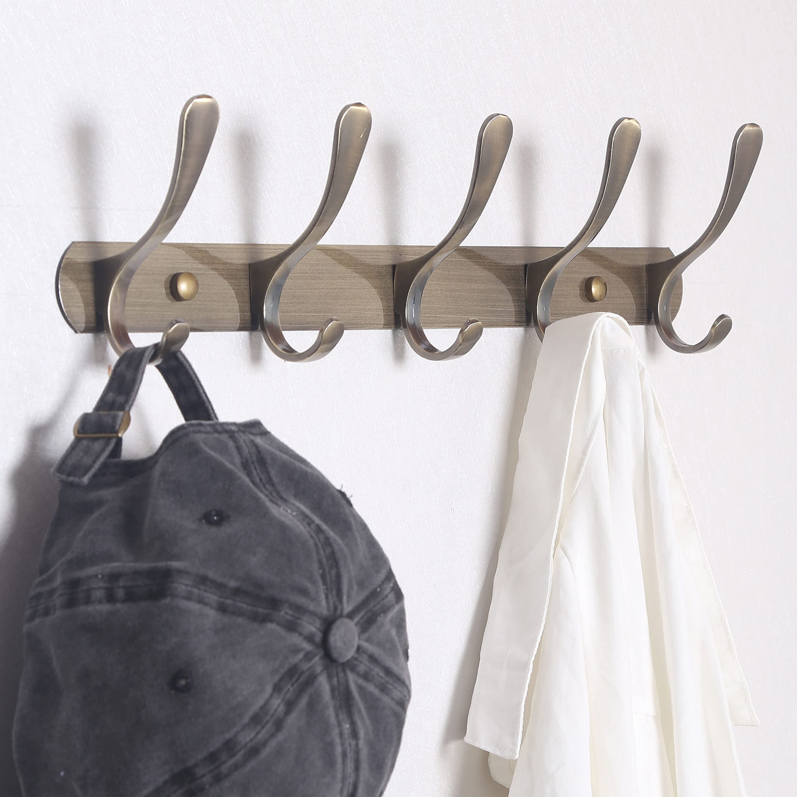 SKOLOO Appendiabiti da parete moderno con 5 ganci, confezione da 2, appendiabiti da parete in metallo per appendere cappotti, giacche, zaini, cappelli, appendiabiti da parete in bronzo