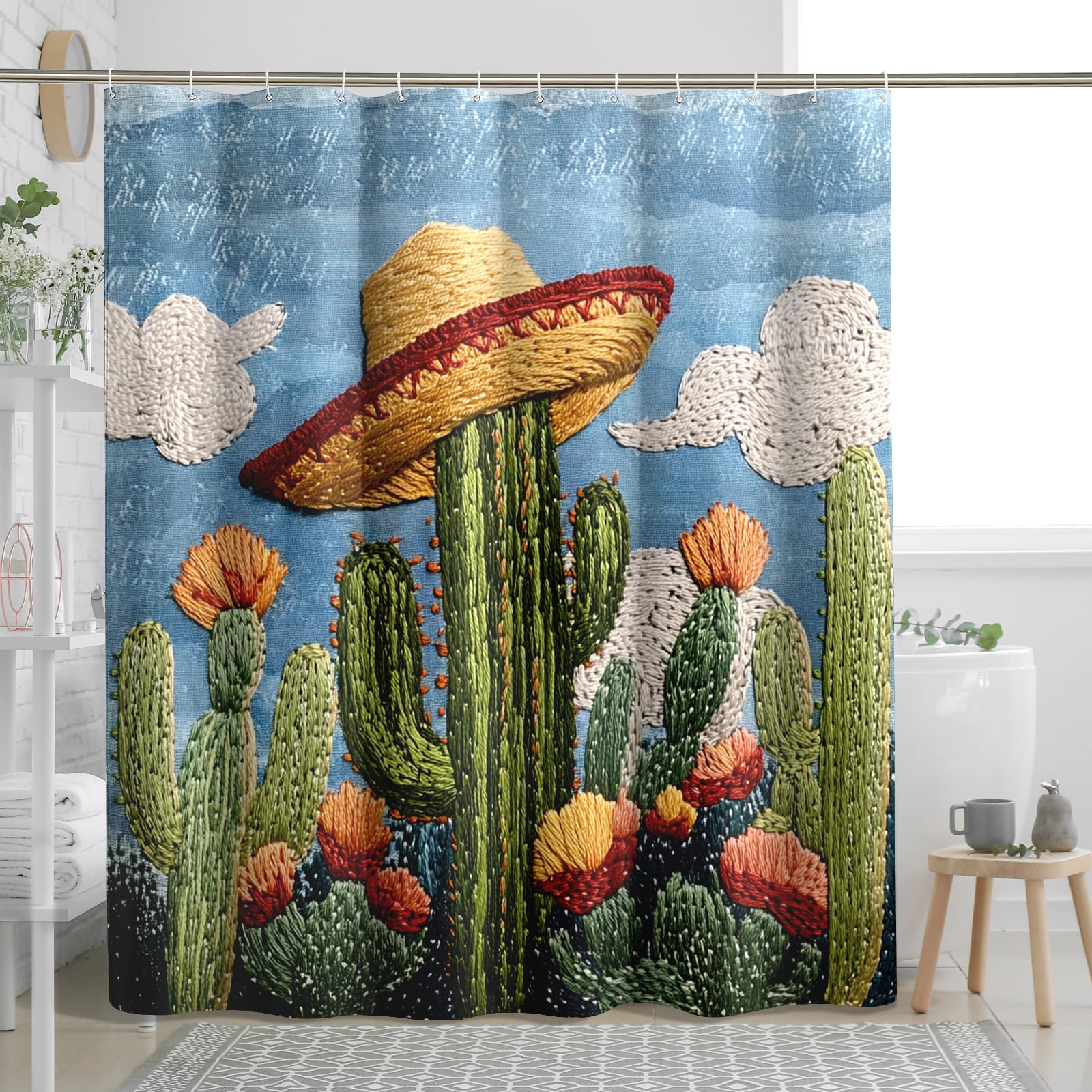 4PCS Knitting Style Cactus Bathroom Accessory Sets with Non-Slip Rug, U Shape and Toilet Lid Cover Mat, Fun Tropical Succulent Bathroom Fabric Decor-72''x72''