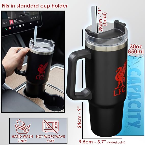 Get Trend Liverpool FC Insulated Tumbler 850ml, Stainless Steel Water Bottle with Straw & Handle, Cold for 12H Hot for 8H, Travel Coffee Mug, Football Gifts (Black Liverpool)