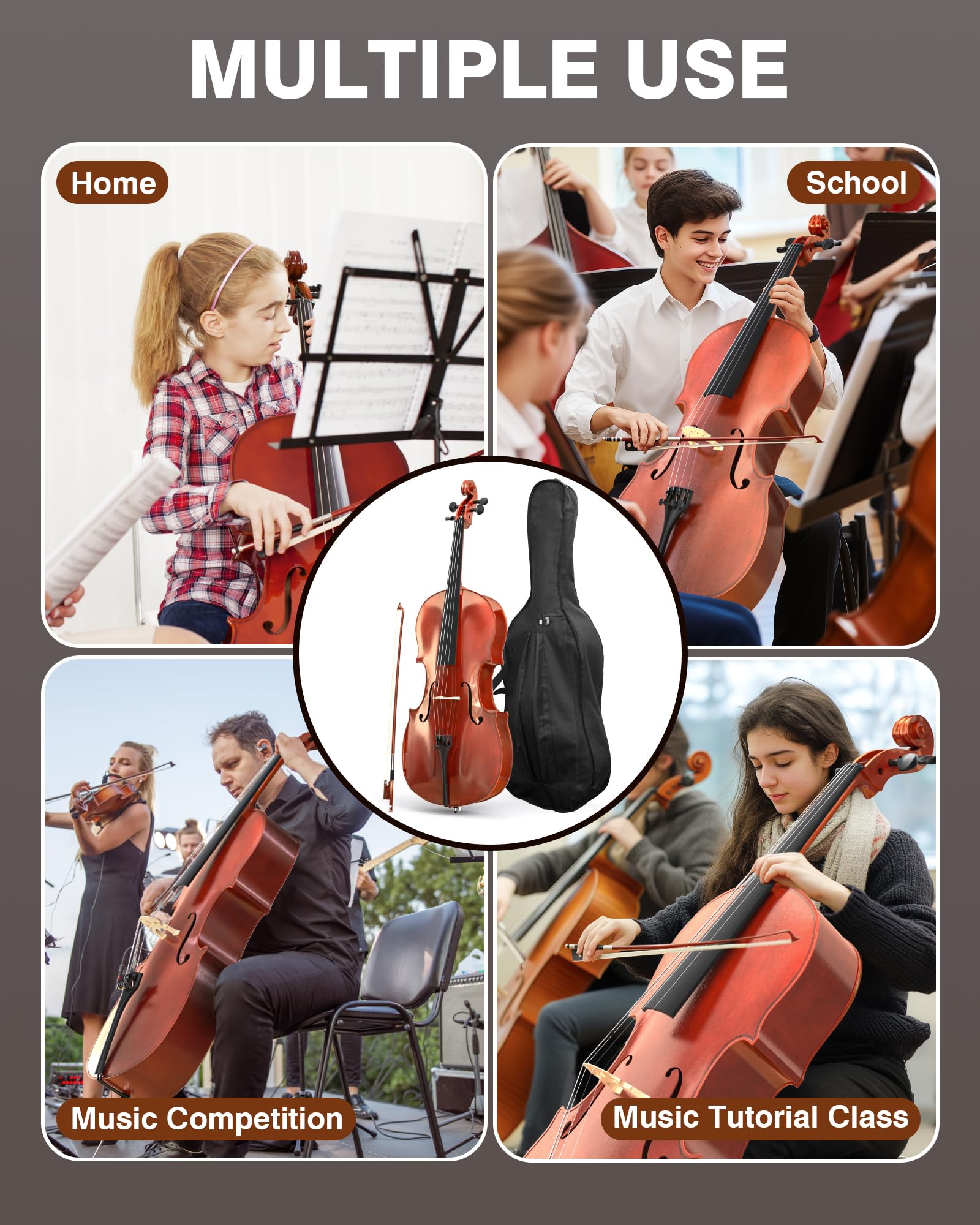 PYY Cello 4/4 Full Size - Solid Wood Acoustic Cello Package with Free Stand, Bag, Strings, Tuner, Rosin and Bow, Cello 4/4 Strings Set for Students & Adult Beginner Instruments - Image 7