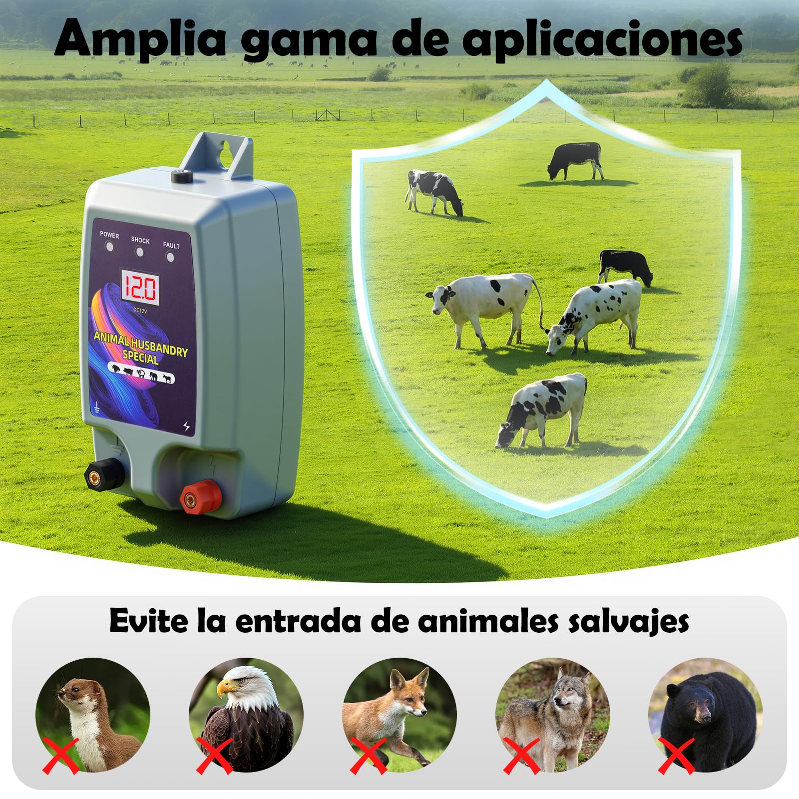 10KM Cerca Eléctrica para Animales, 12kV 2.0J Electrificador de Cerca Eléctrica de Alta Potencia para Protección de Ovejas, Caballos, Jardín, Pastos y Granja (Gris)