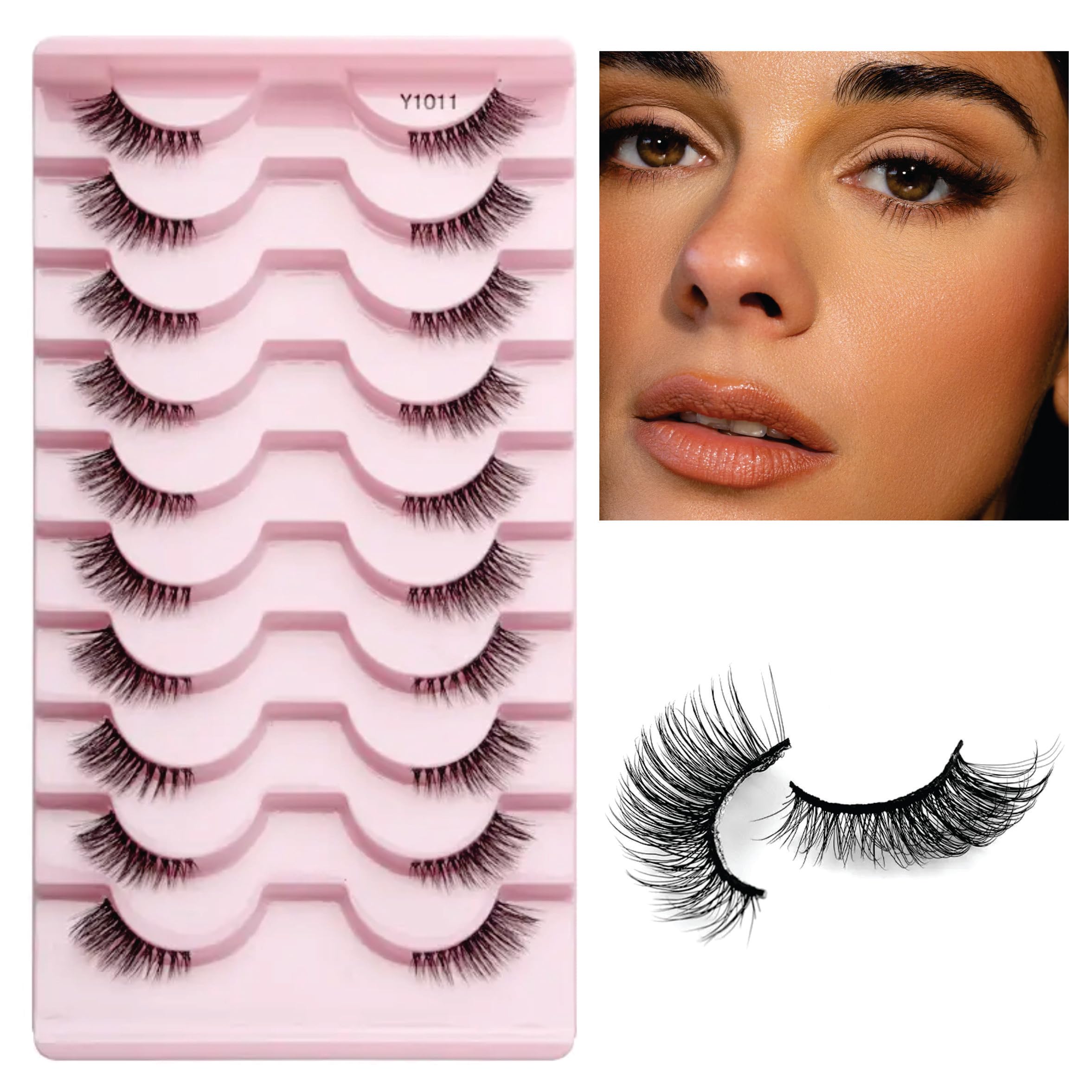 False Eyelashes Natural Look - 10 Pairs, Wispy False Lashes Faux Mink Lashes Cat Eye Fake Lashes Fluffy Volume Strip Fake Eye Lashes DIY Half Eye Lashes For Women