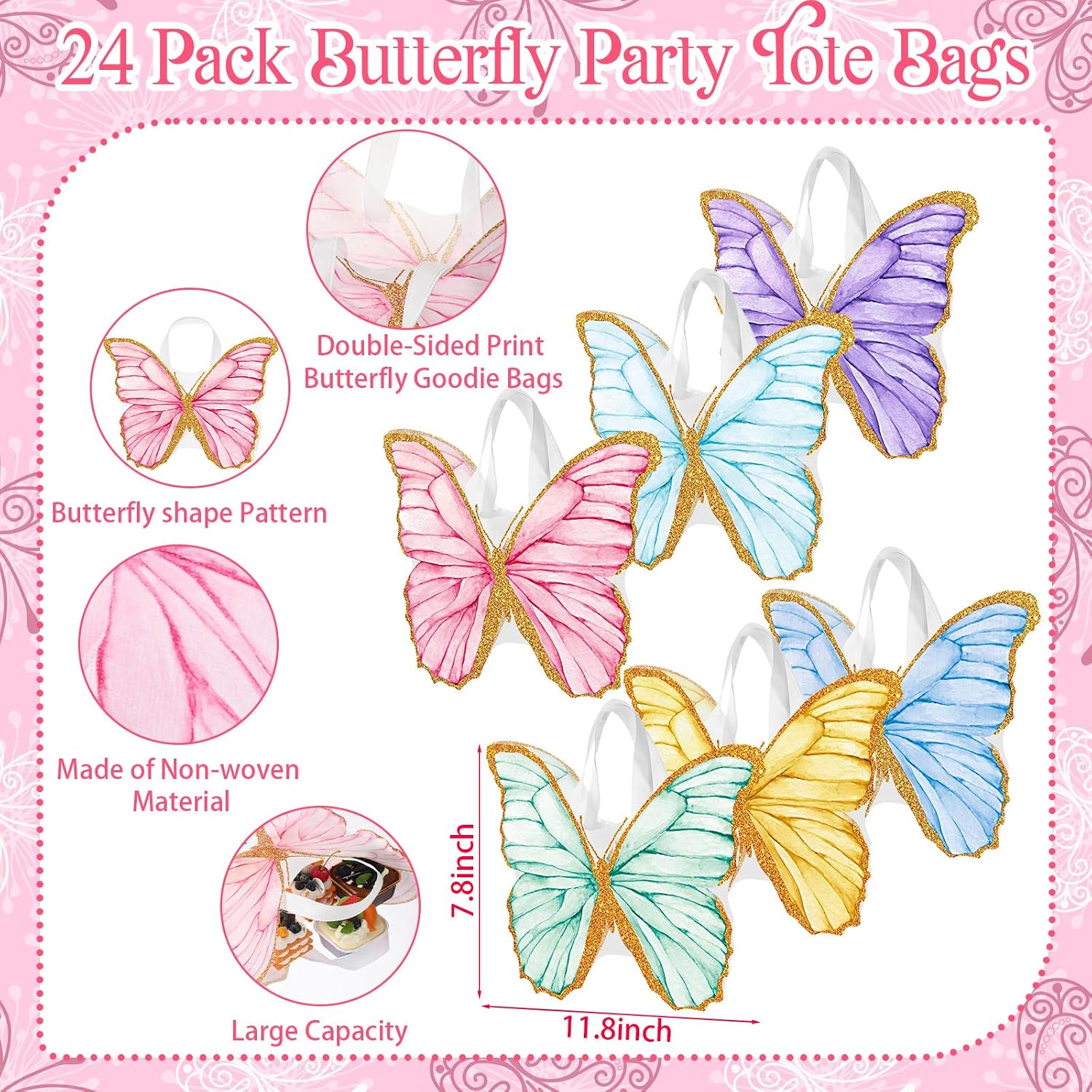 Silkfly 24 Pcs Butterfly Favor Bags Non-woven Gaming Birthday, Bright image 3