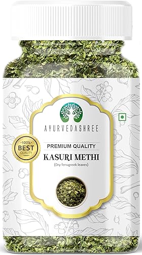 AYURVEDASHREE Hojas de alholva secas (Kasoori Methi) Tarro PET de 25 gm  Todo natural  Vegano  Sin OMG  Origen indio  Hierba seca para cocinar