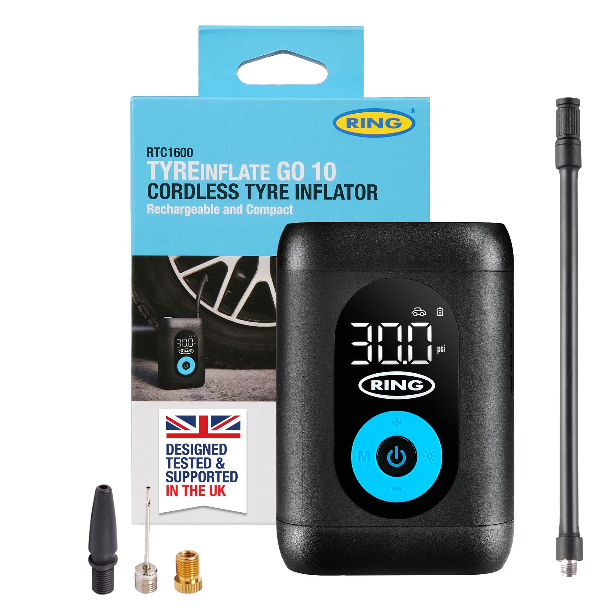 RING RING TYREINFLATE GO 10 Compact Cordless Tyre Inflator with Three Piece Adaptor Kit - Measures in PSI, BAR and kPA