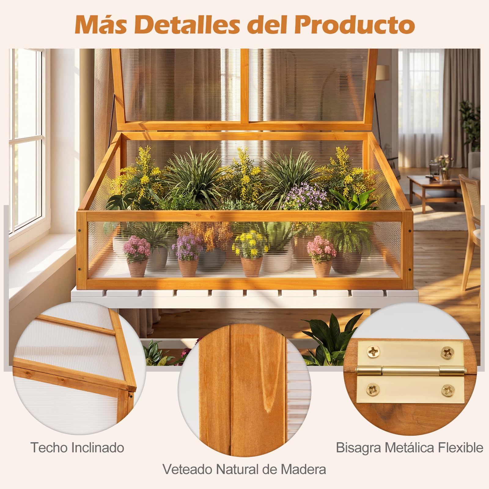 COSTWAY Invernadero de Madera de Abeto, Cubierta PVC, Protección Portátil para Macetas Elevadas con Techo Transparente Abatible, Pequeño Invernadero Interior y Exterior para Jardín, Balcón (Naranja)
