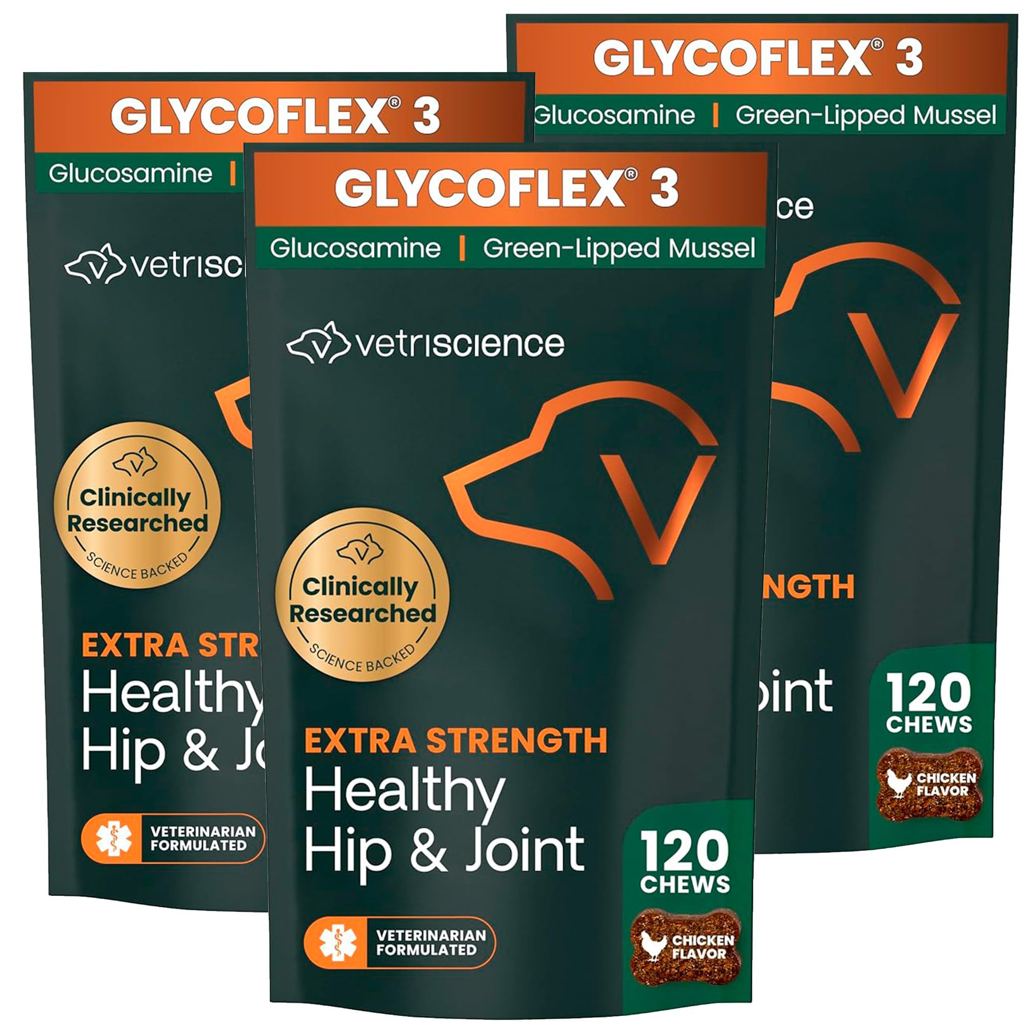 VetriScience Extra Strength Healthy Hip & Joint Chews, GlycoFlex Glucosamine & Green-Lipped Mussel Support Supplement for Dogs, Promote Mobility & Soothe Joint Discomfort, Chicken, 3 Pack