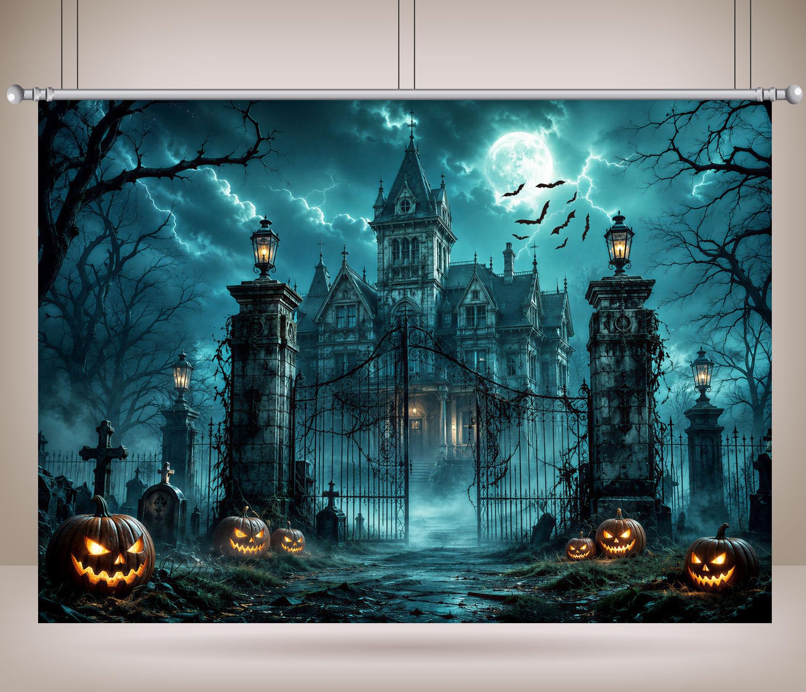 BELECO 3.6x3m Tessuto Sfondo Villa Gotica Infestata Cimitero | Casa Infestata Halloween Zucca Lapide Luna Piena Pipistrello Temporale Sfondo Festa Orrore Telo Di Sfondo