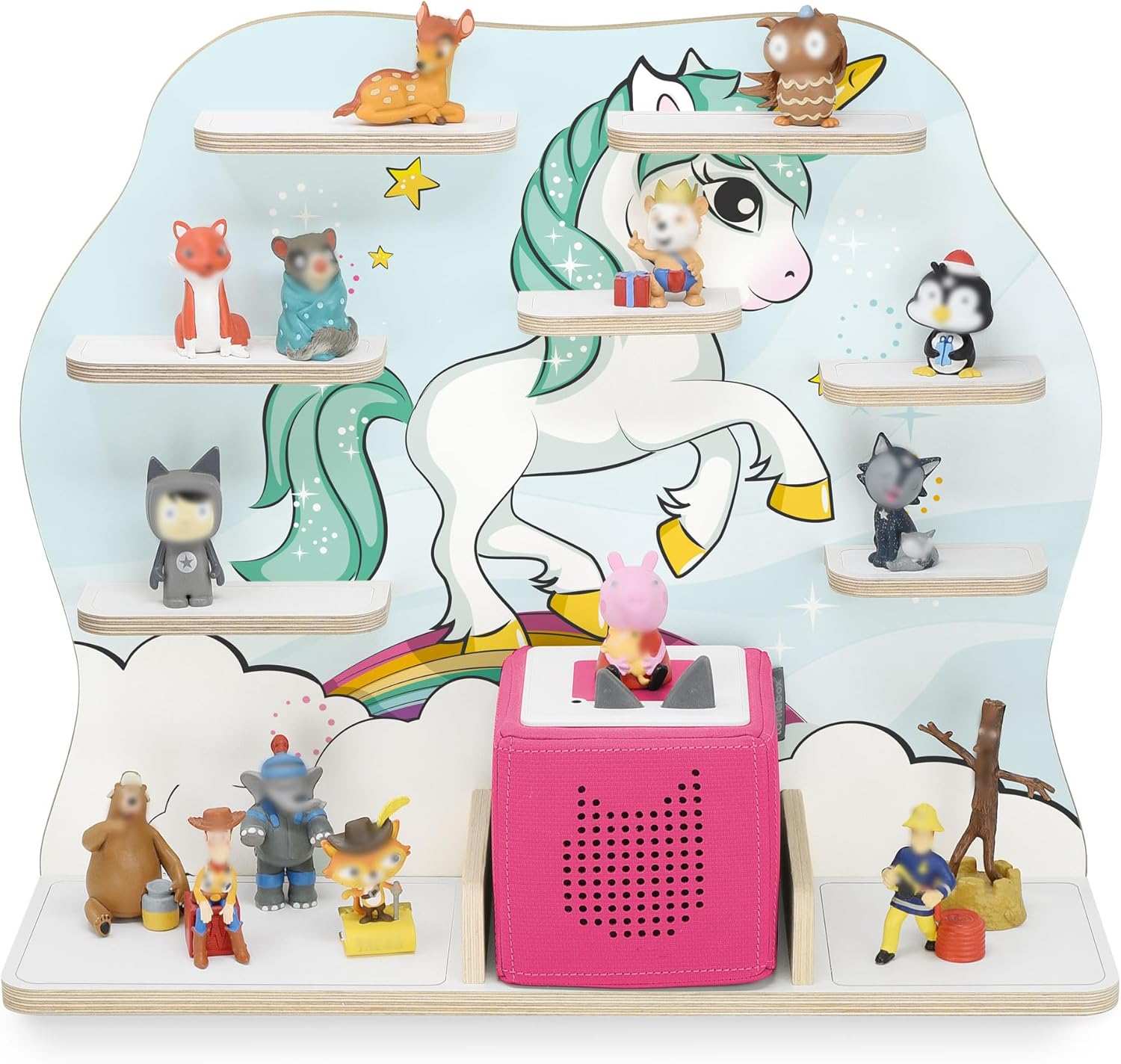 stadtecken Wooden Shelf for Music Box I Suitable for The Toniebox and ca. 50 Tonies I Perfect Storage in The Children's Room I for Setting up or Hanging (Large, Unicorn) Large Unicorn