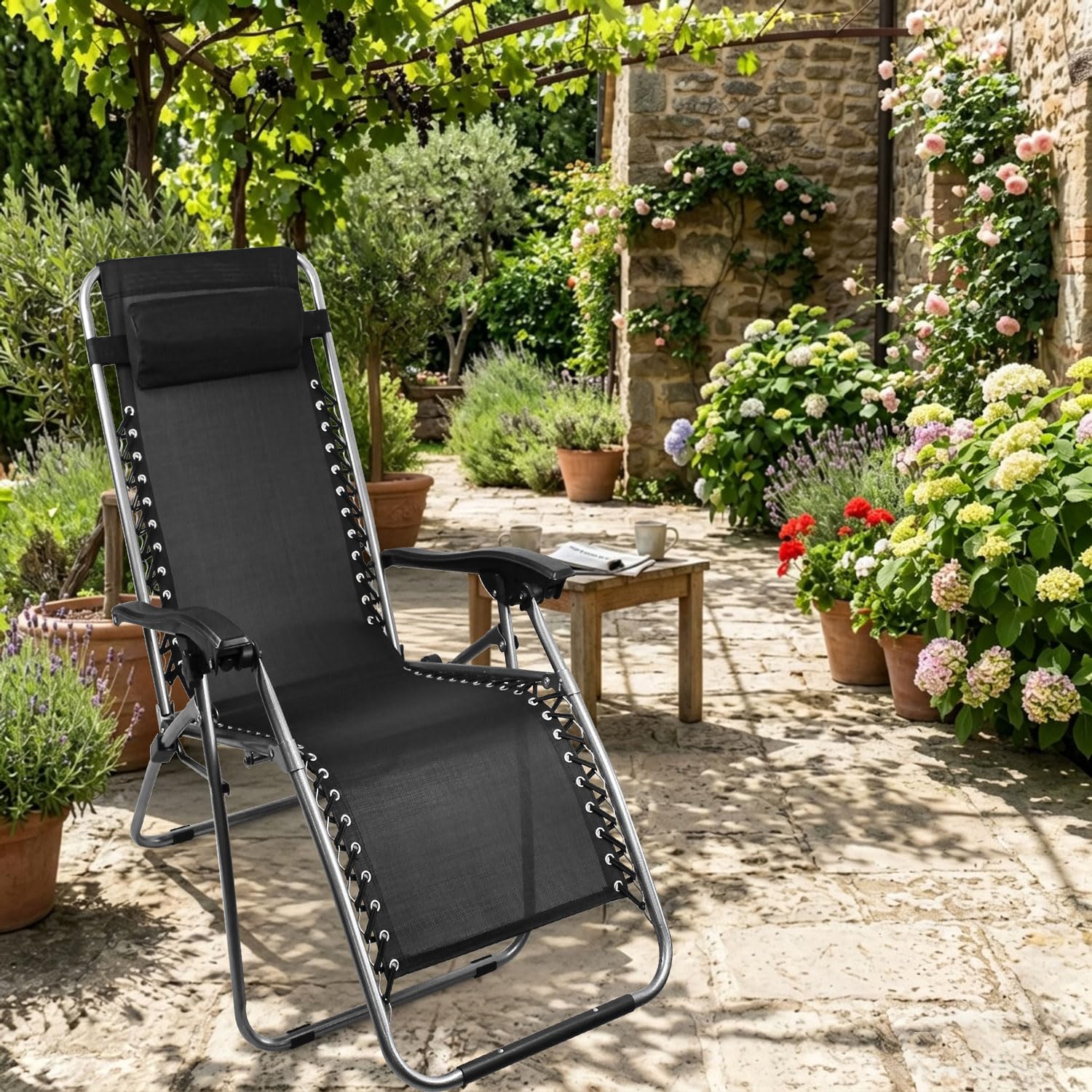 Todeco Chaises Longues Zéro Gravité, Fauteuils Relax de Jardin Pliables en Textilène Respirant avec Repose-Tête, Dossier Inclinable Multiposition, Bain de Soleil Terrasse Balcon Piscine, Noir