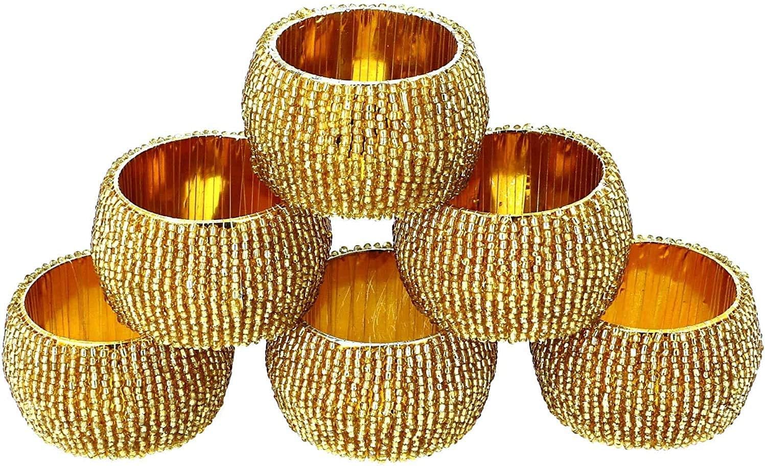KPAVIR Gold Beaded Napkin Rings Set of 6 – Luxury Decorative Napkin Holders for Dining Table, Wedding, Party & Festive Table Décor – Elegant Handmade Bead Design, Durable & Reusable