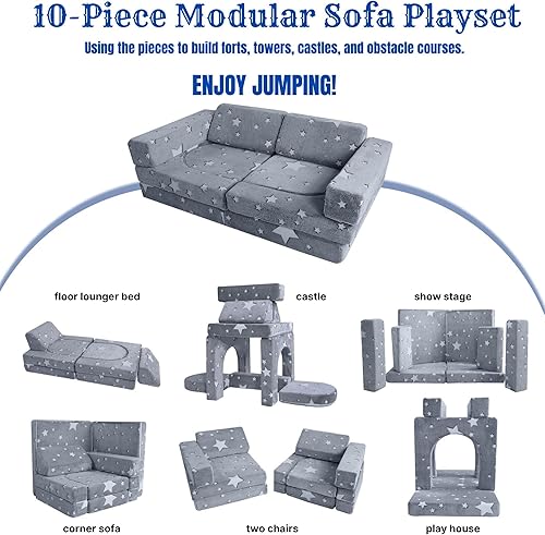 Miniatura 52 de MeMoreCool Sofá infantil para sala de juegos, sofá modular de 10 piezas, sofá convertible de pana, juego de construcción de fuerte de espuma para