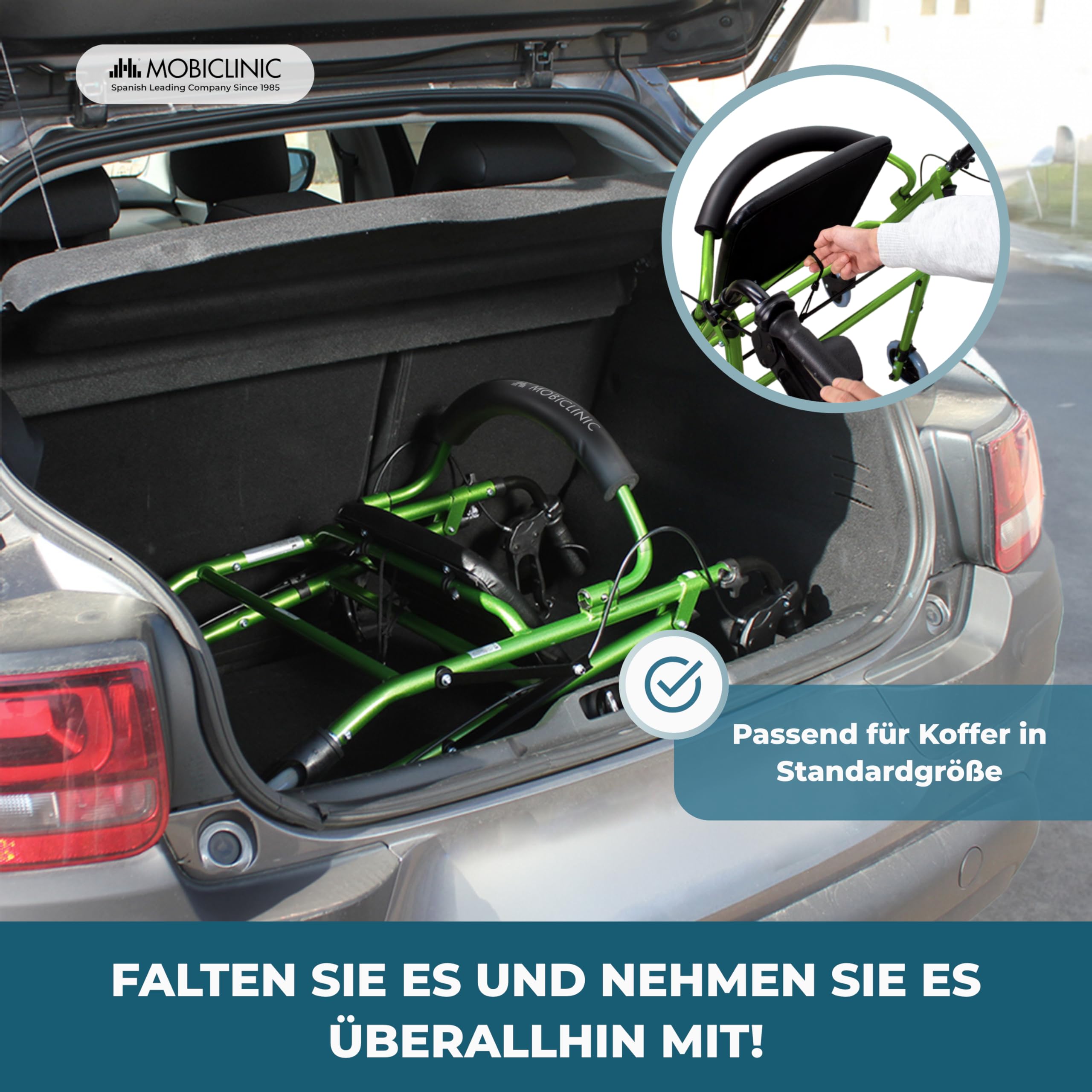 Mobiclinic, Rollator, Escorial, Europäische marke, Faltbar und leicht, Feststellbare handbremsen, Gehwagen für seniore, Aluminium, Mit sitzfläche rückenlehne, Korb, 4 räder, Grün