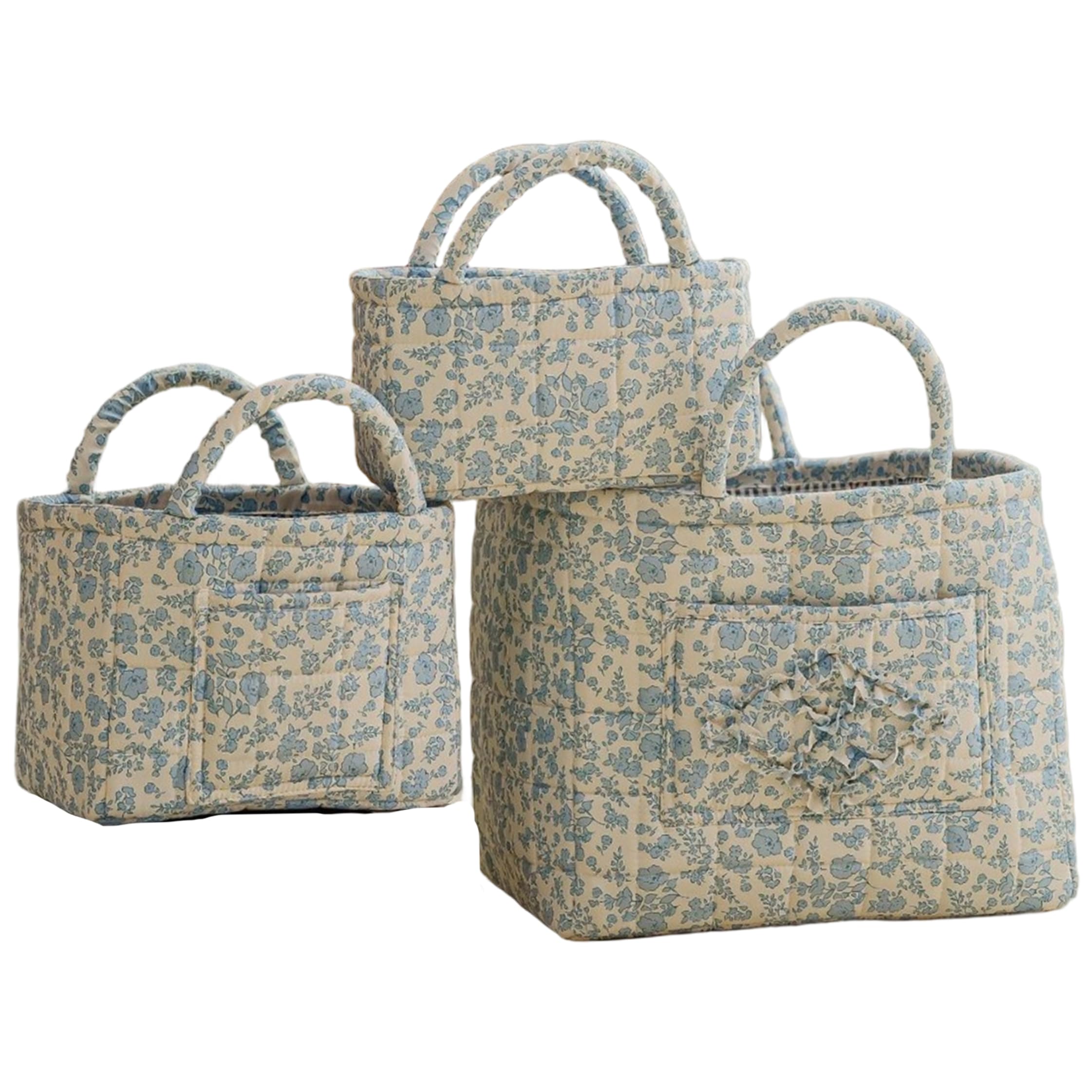 StaZamor 3 Pack Blue Quilted Floral Storage Basket, Collapsible Fabric Car Baskets with Handles, Cute Home & Car Organization