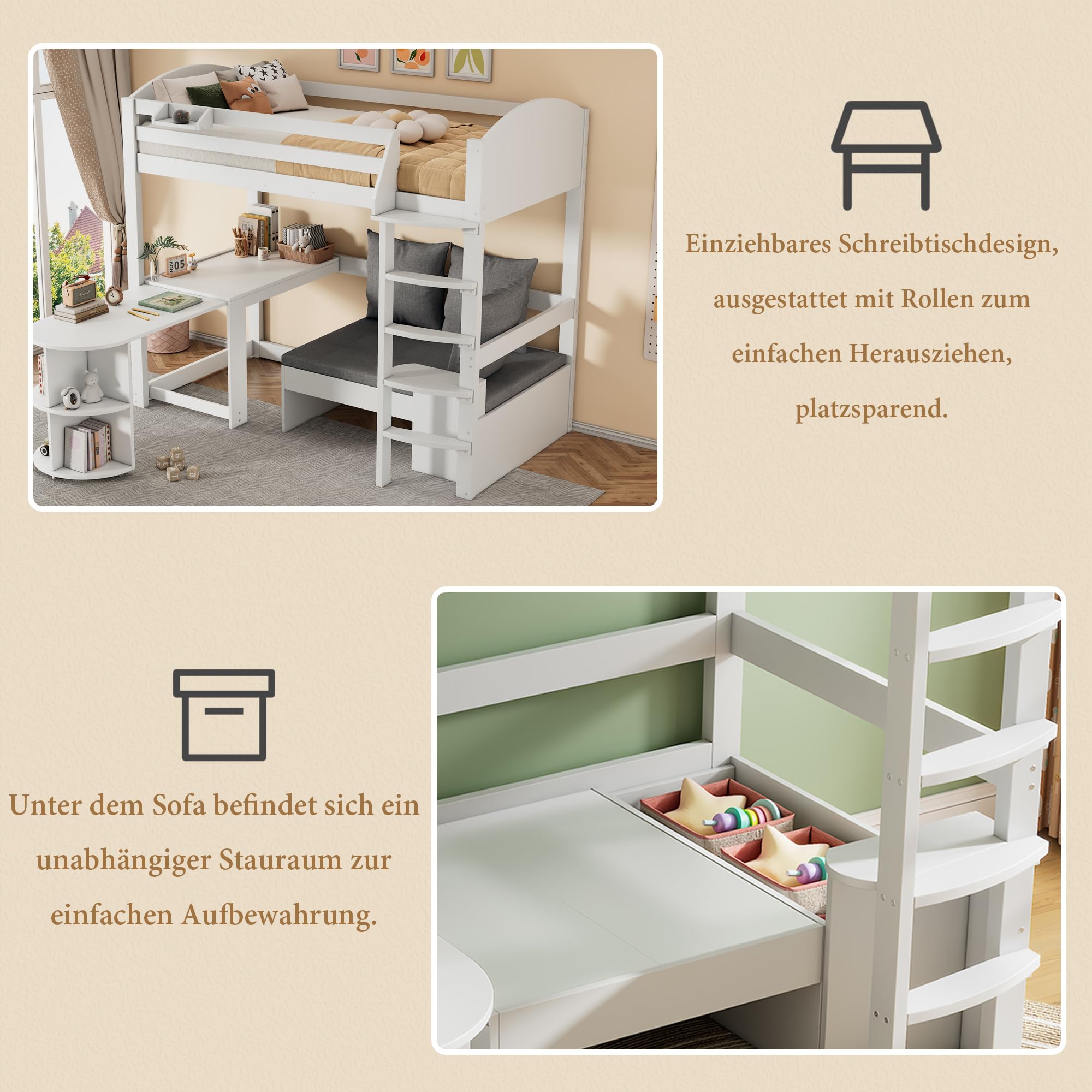 Multifunktionales Kinderbett 90x200cm, Etagenbett Hochbett mit ausziehbarem Tisch, Sofa mit Stauraum, Sitzkissen, Kissen und Lagerregale, Stockbett Kinderhochbett Jugendhochbett, Ohne Matratze, Weiß