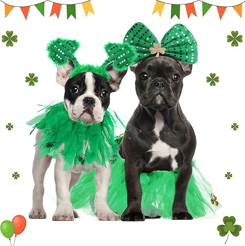 Miniatura 4 de Disfraz de perro para el día de San Patricio, tutú para perros, lentejuelas, corbatín, diadema de trébol, vestido de perro, cuello tutú, falda verde