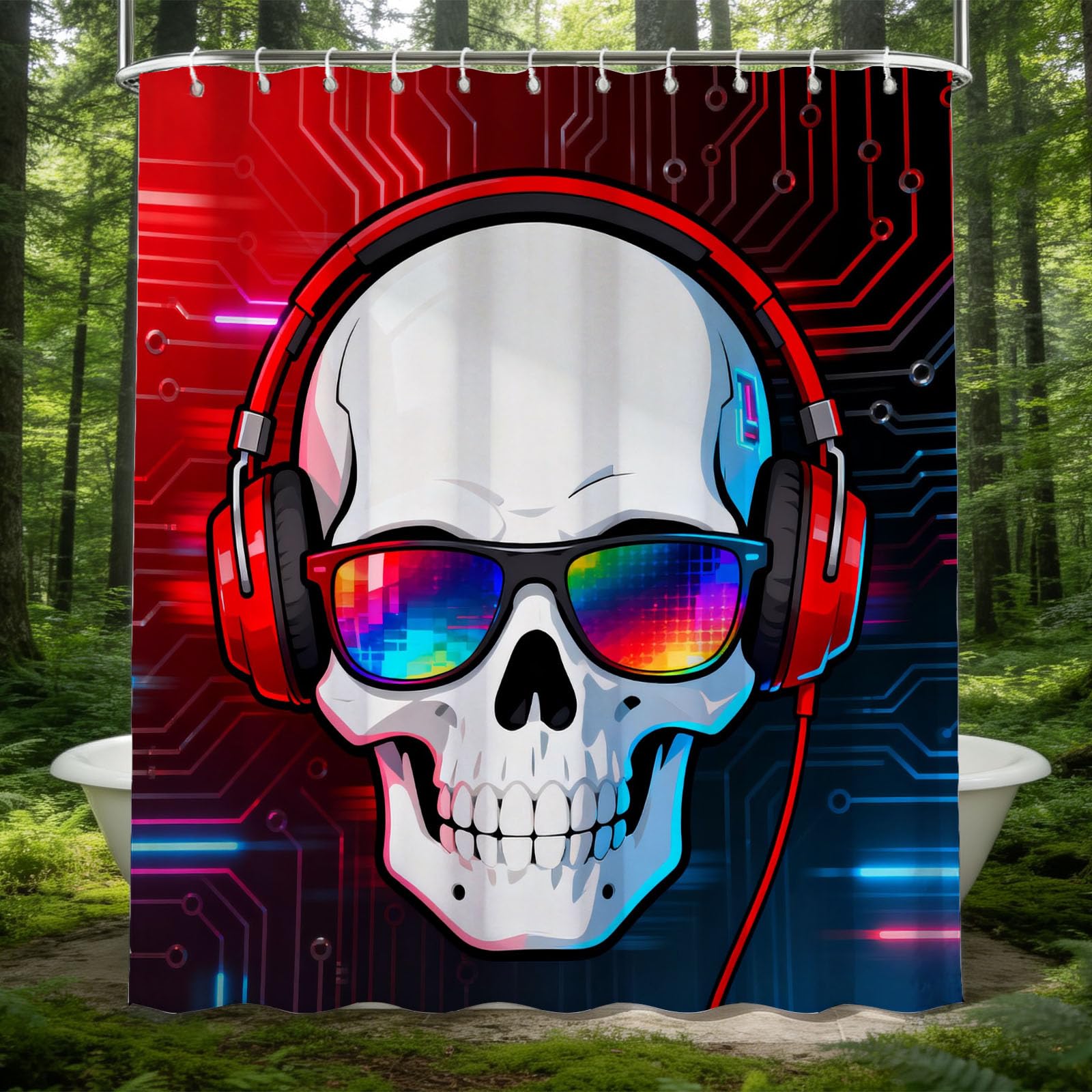 Hongduo 3D Music Skull Shower Curtain for Stalls Bathtubs Cool Bathroom Decor Shower Curtain Set Polyester Fabric Waterproof 200x200cm/79X79 Inch with Hooks
