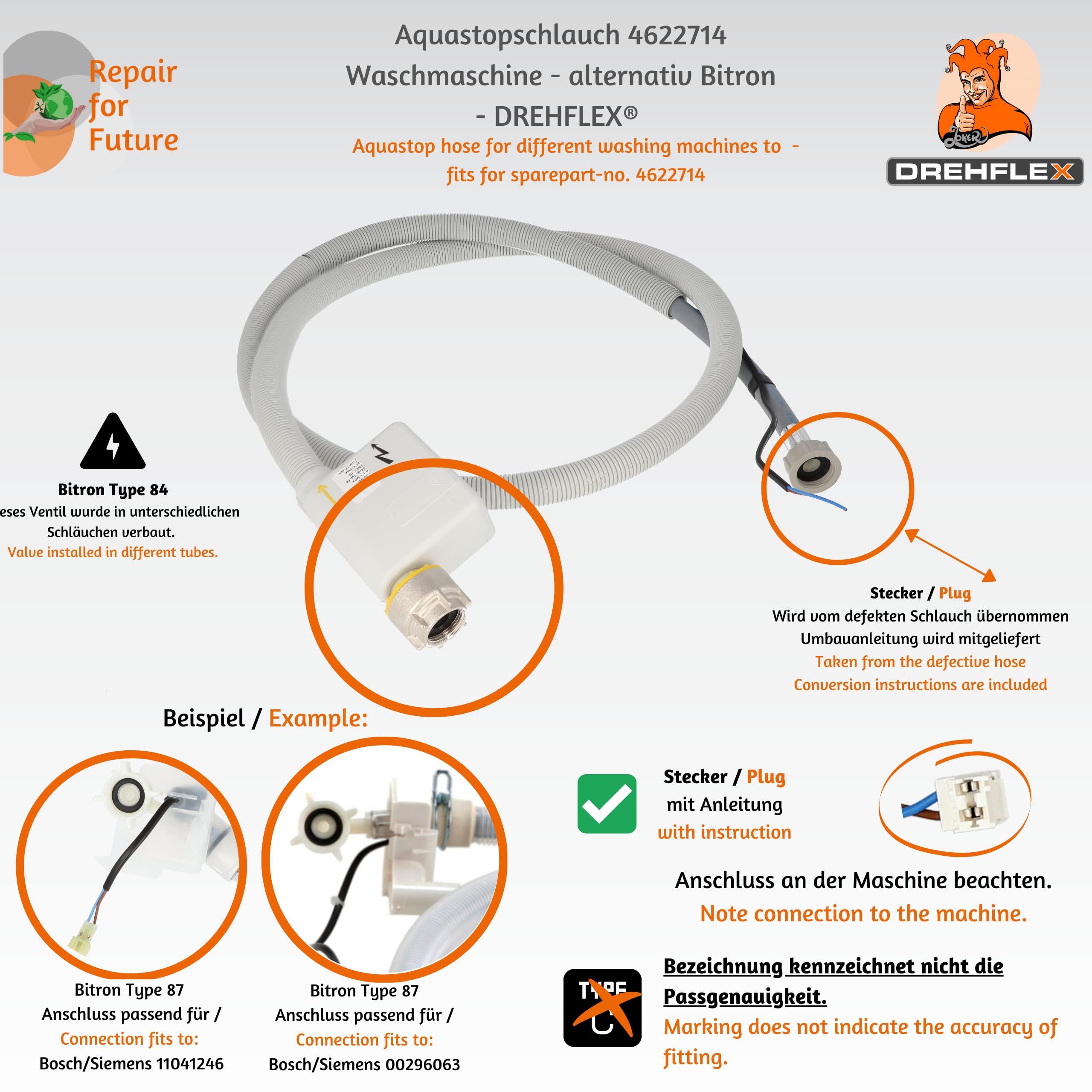 ORIGINAL BITRON - Aquastopp/Aquastopschlauch/WPS Zulaufschlauch elektrisch – für diverse Waschmaschine Miele für Teile-Nr. 4622714/04622714 / 4061335 - BITRON Typ 84
