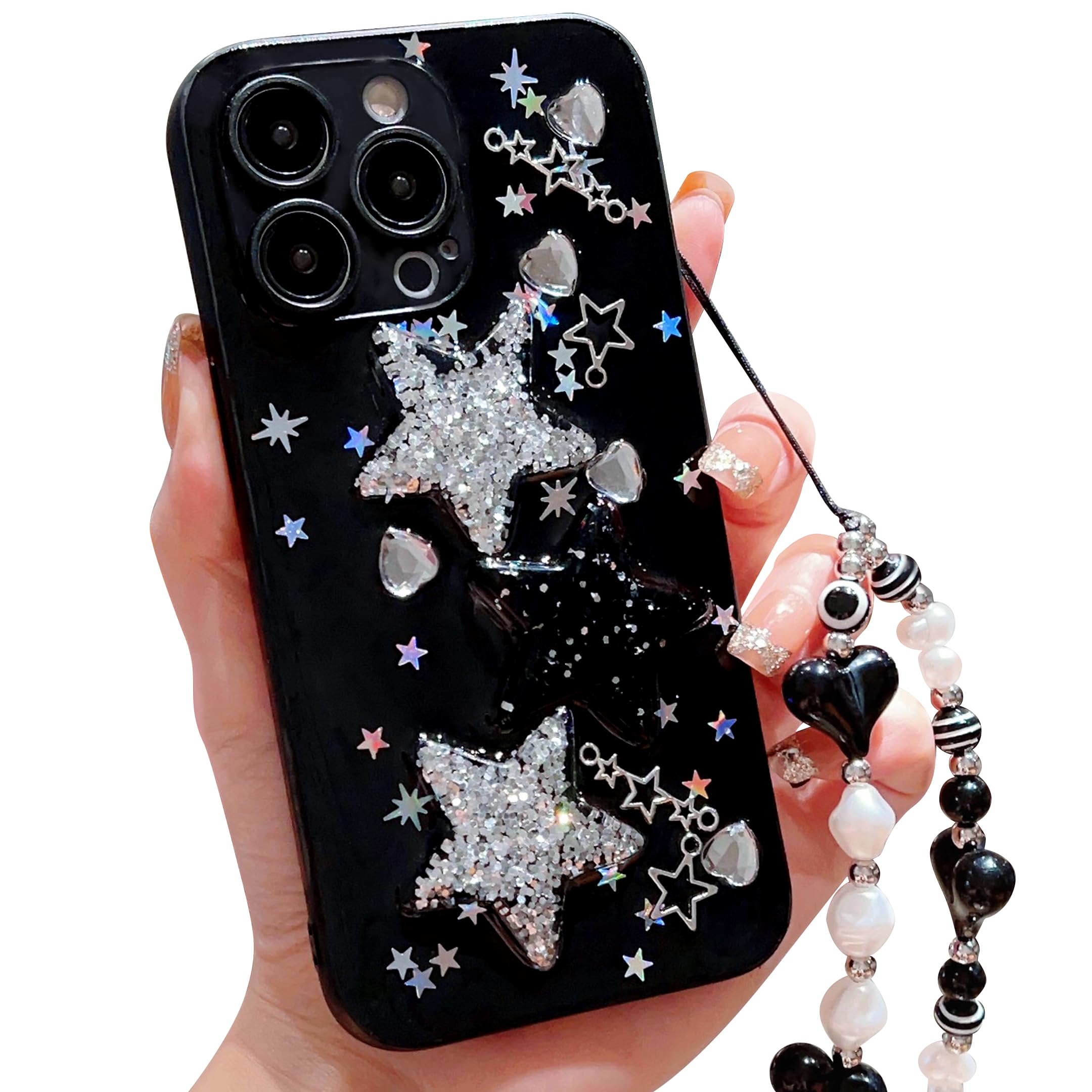 ZSYTZL Compatible with iPhone 15 Pro Max Case Cute 3D Bling Glitter White Black Stars with Pearl Bracelet Chain Design for...