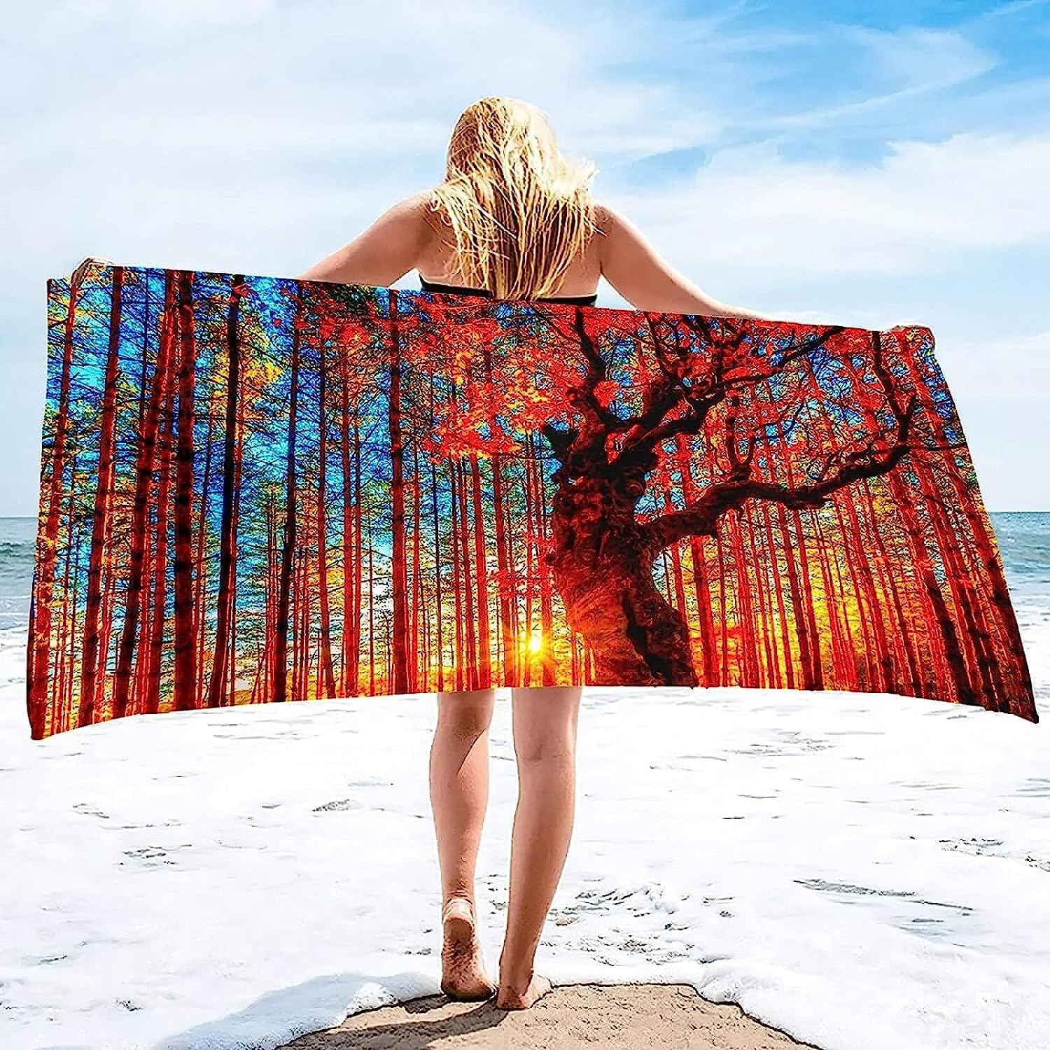 Serviette De Plage 3D Paysage Coucher De Soleil Forêt, Serviette De Bain XXL 150 X 200 Cm Microfibre À Séchage Rapide, Serviettes De Plage Enfant Femme Homme Drap De Plage pour Natation Picnic -1C2Z
