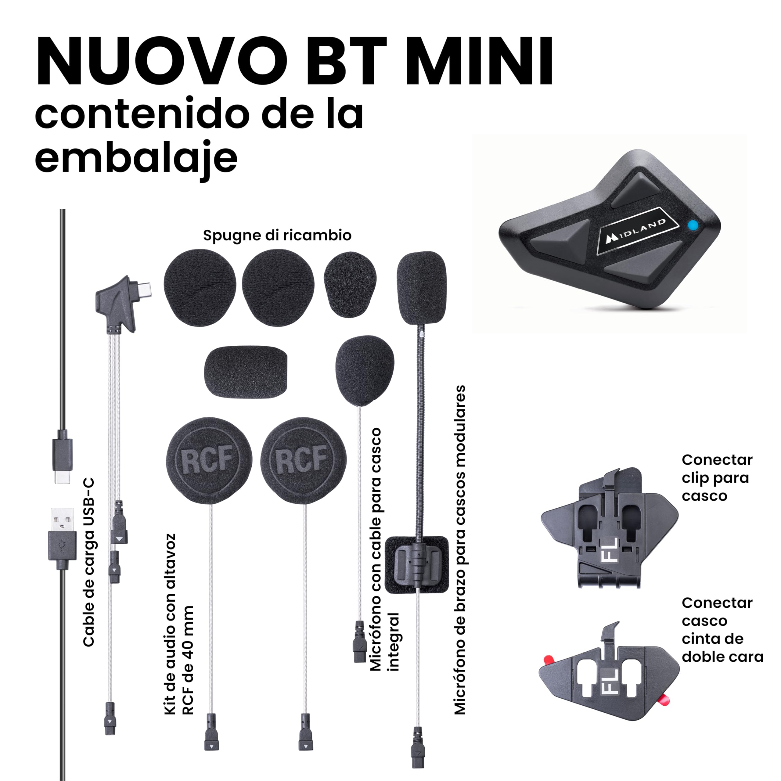 Midland Intercomunicador Casco Moto BT Mini, Auriculares Inalámbricos Bluetooth, Cancelación Ruido, Waterproof, Alcance 500m, Autonomía 8H