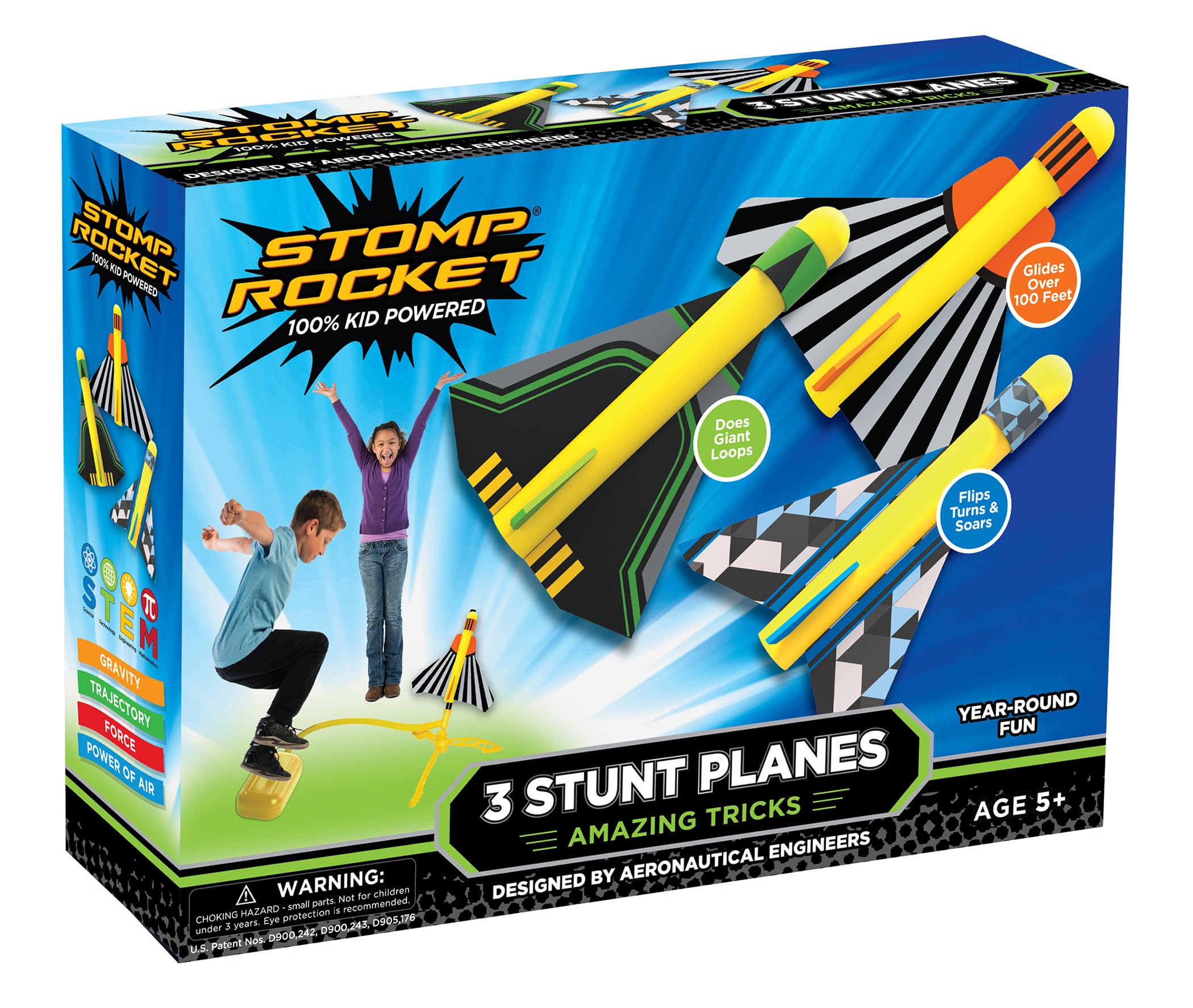 Stomp Rocket Stunt Plane Launcher Toy for Kids - 3 Foam Airplane Toy Soars Over 100 Feet - Unique Tricks & Adjustable Plane Rocket Launcher Stand - Fun Outdoor Toys & Gift for Boys or Girls