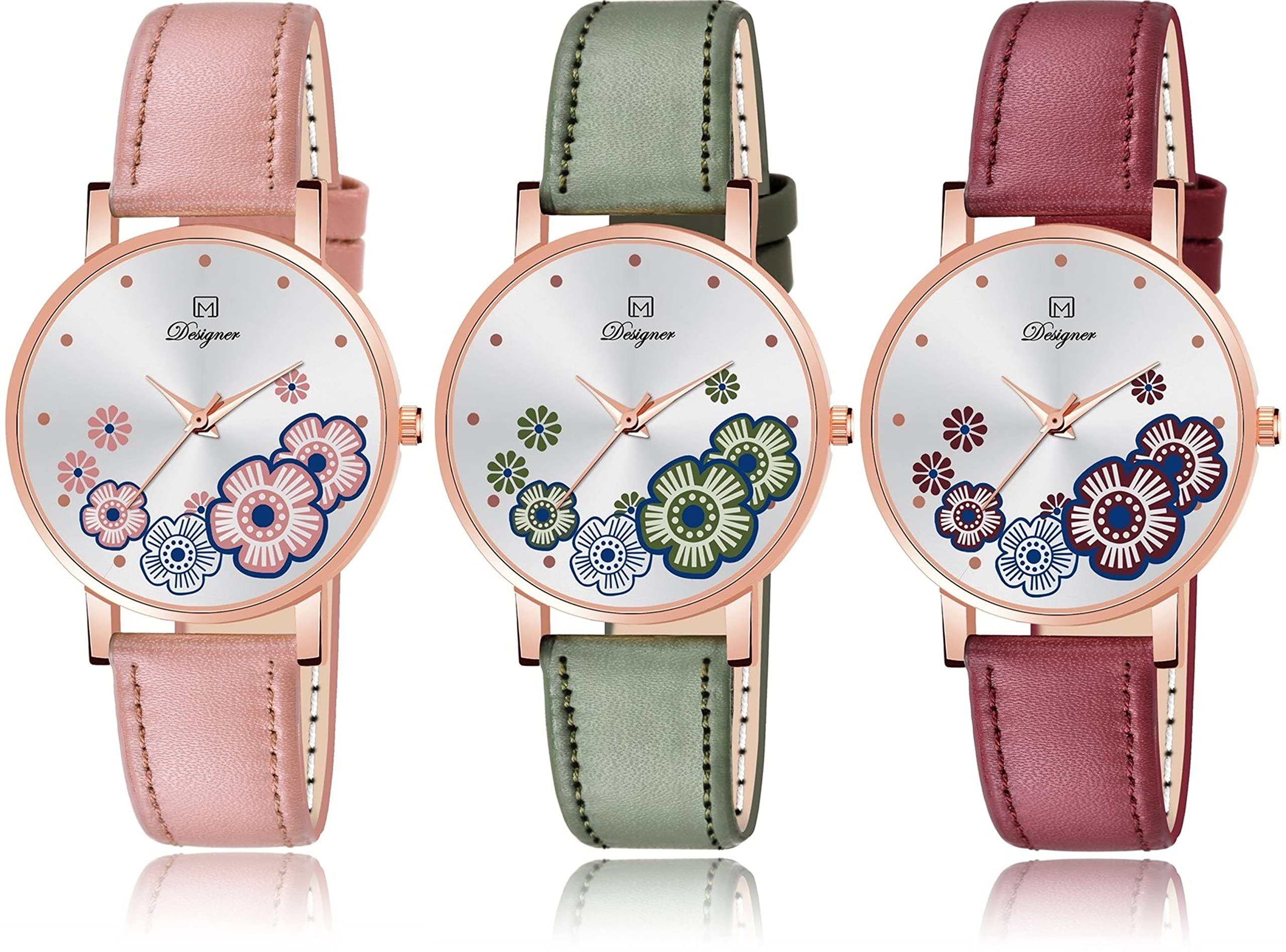 Bollywood Designer Floral Flourish: Elegant Flower Print Watch Leather-Belted Analog Watch Girls and Women Pack of 3 (Pink-Green-Maroon) (B0BTPZB82D) Amazon Price History, Amazon Price Tracker
