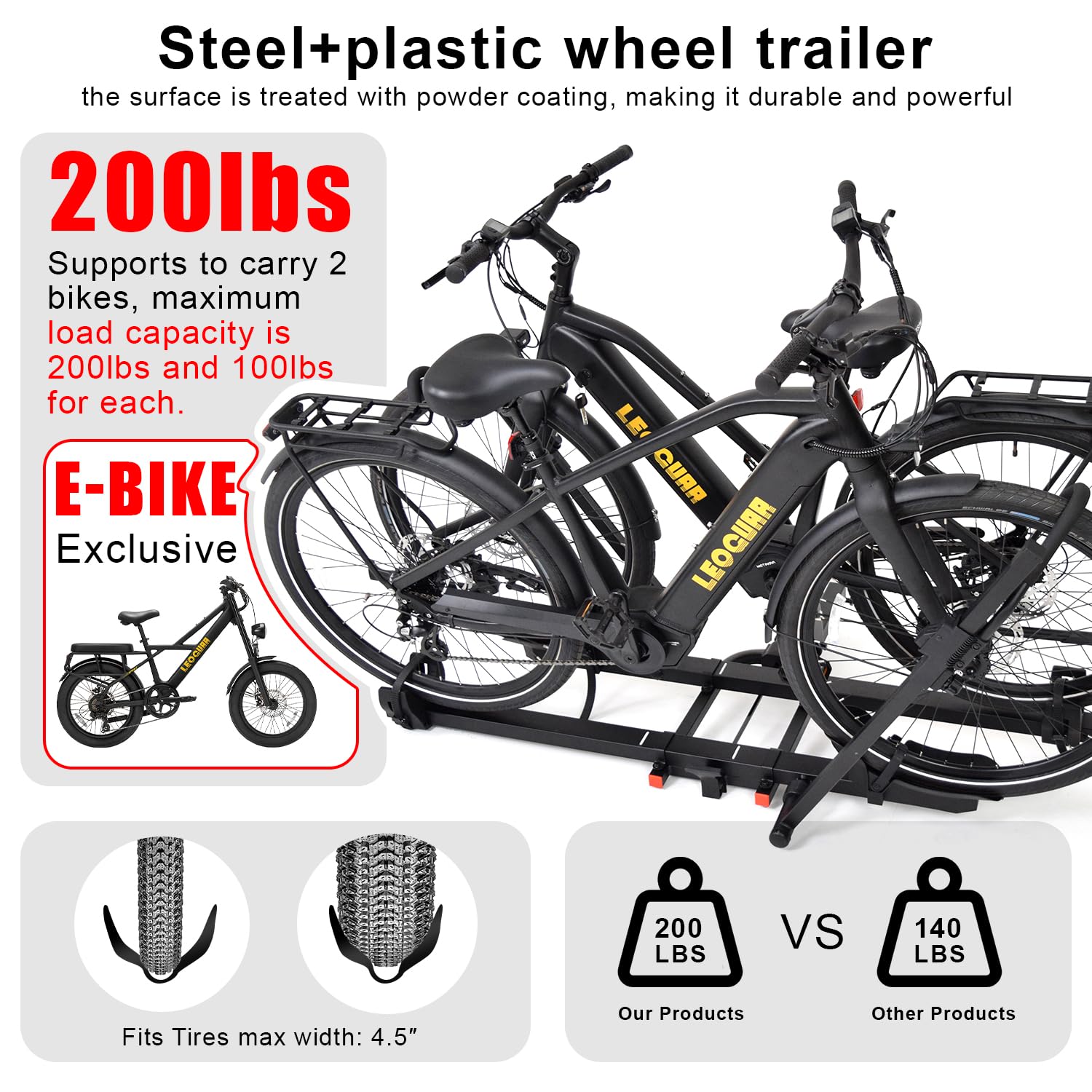 LEOGUAR 2-Bike Rack Hitch Mount, 200 lbs Capacity Electric Bike Carrier Foldable Platform Mount, for 2'' Receiver Cars Trucks SUVs Minivans RV