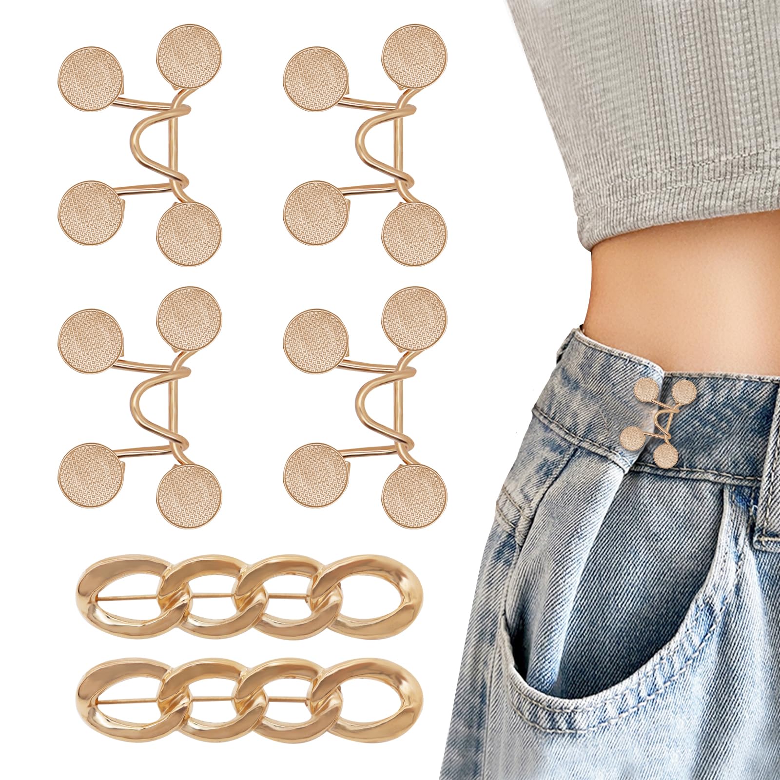 ROPAKED 6 Set Pant Waist Tightener Buttons Pins for Loose Jeans Reusable Waist Cincher Clip Metal Brooch for Clothing Dresses Skirts No Sewing Decoration Accessories?Gold
