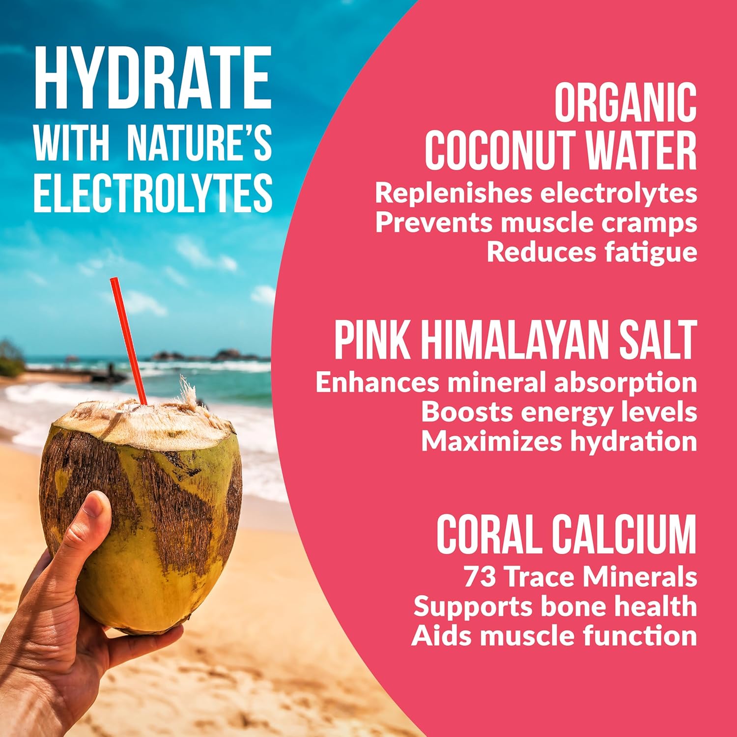 Hydrating Electrolyte Drink Mix | 5 Key Electrolytes + Vitamins | Coconut Water Powder, Pink Himalayan Salt & Real Fruit | Grapefruit | No Added Sugar | 30 Servings