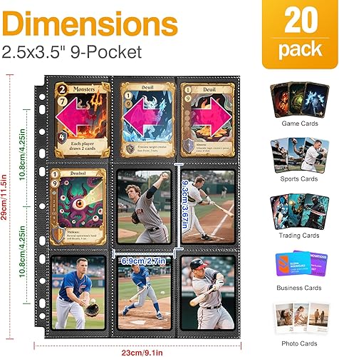 Miniatura 2 de Paquete de 20 fundas negras de 360 bolsillos para tarjetas coleccionables, fundas gruesas de doble cara para tarjetas de juego para carpeta de 3