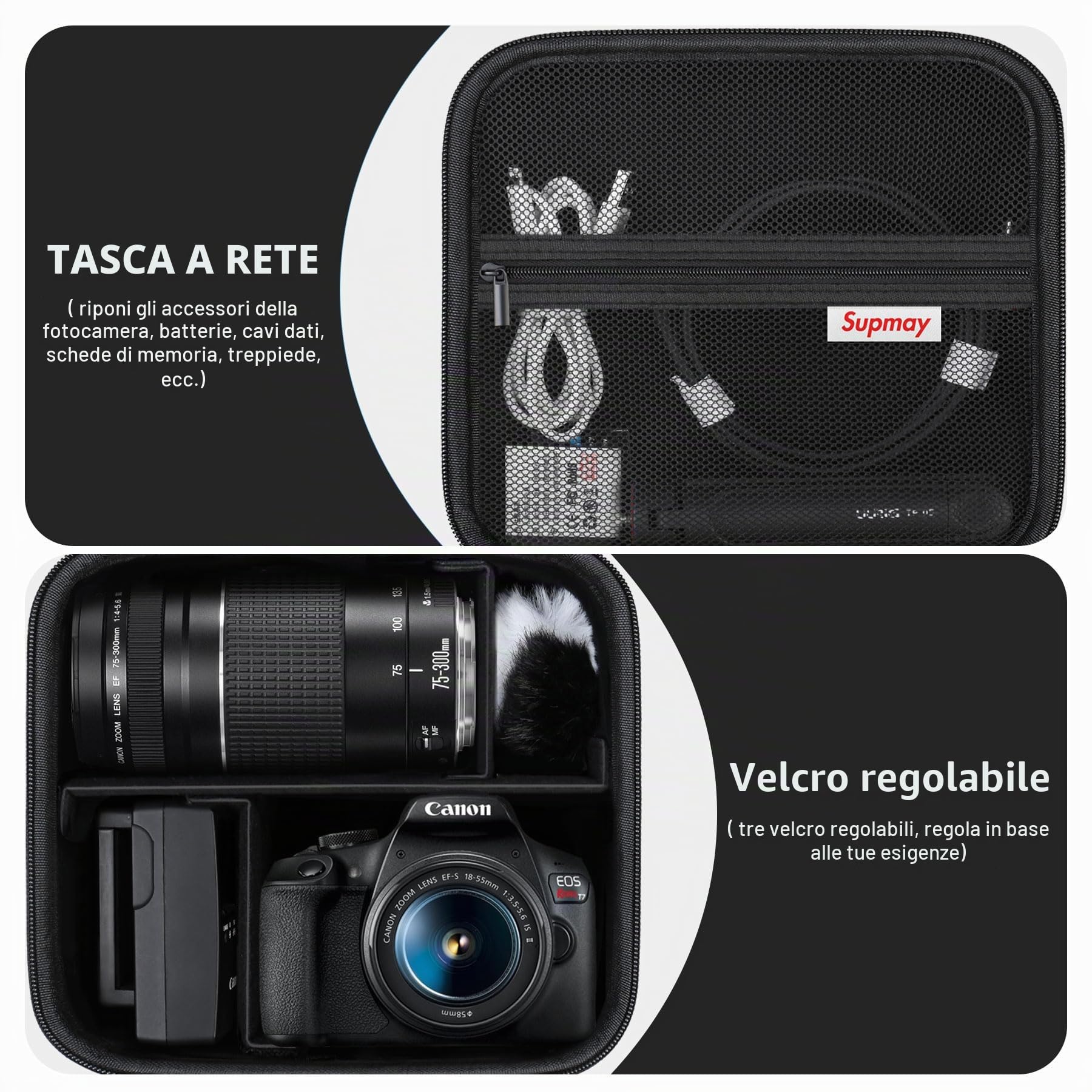 Caso di viaggio duro per Canon EOS Rebel T7 Fotocamera DSLR/EOS R50 / R6 Mark II / R100 / R50V / R8 / R7 / R10 Fotocamera senza specchio, obiettivo, treppiede con 3 divisori e spalla, Nero