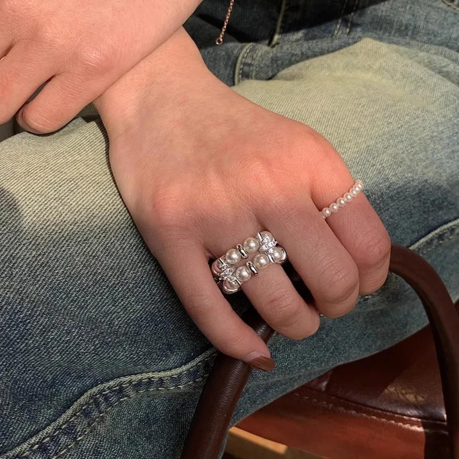 Ring Ringe Damen Bijouterie Herren Vintage Doppellagiger Perlenring Für Damenmode Nischendesign Exquisite Elastizität Verstellbares Schmuckzubehör