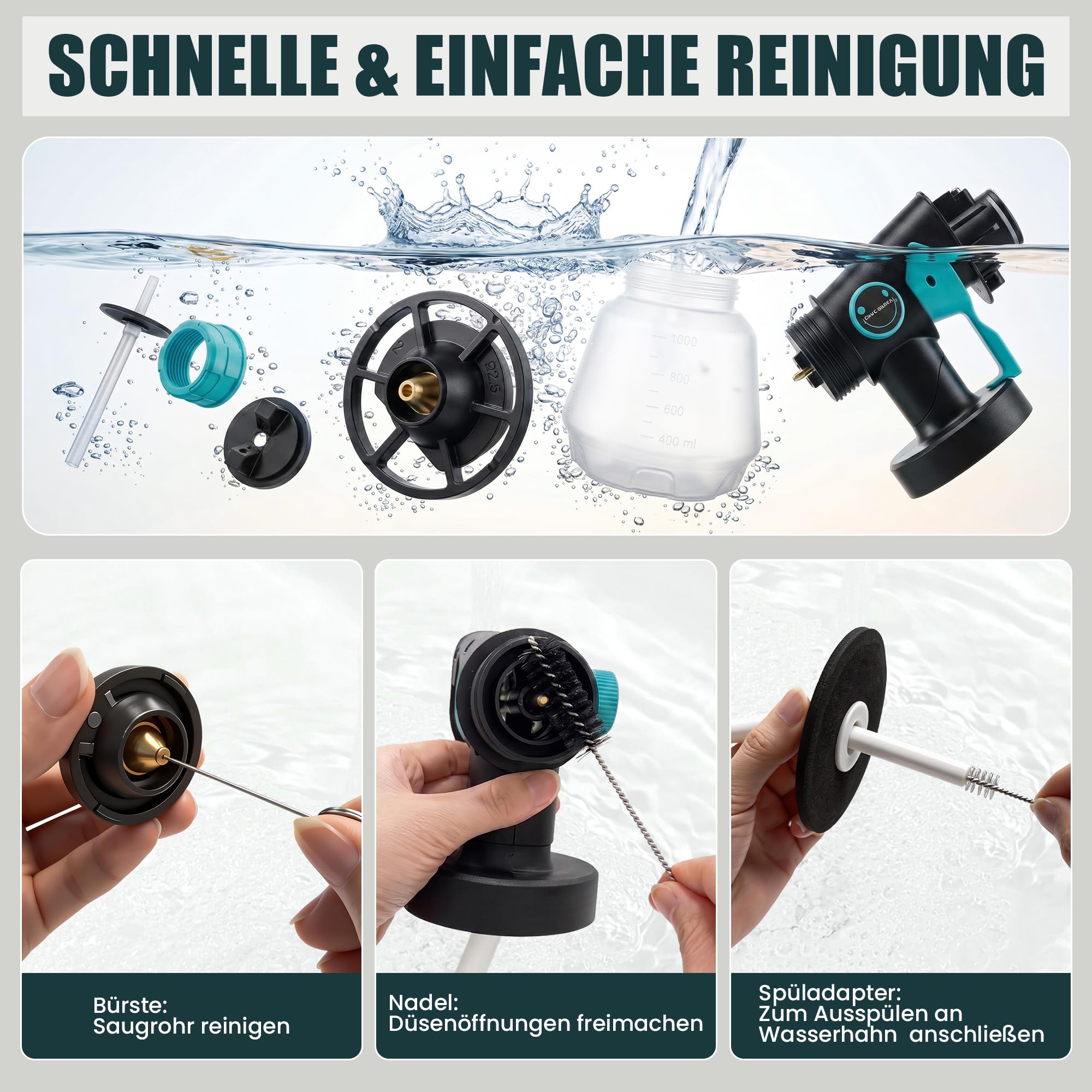 Akku Farbsprühsystem für Makita 18V Akku, Farbspritzpistole Kabellos | 1000ml Behälter | 4 Düsen & 3 Sprühmuster, Lackierpistole Spritzpistole für Wandfarbe, Möbel, Zäune, Gartenzaun(ohne Akku)