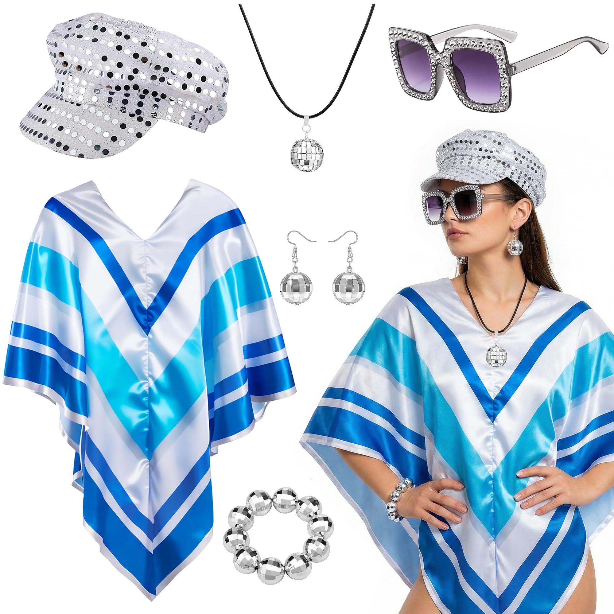 6 Pcs Abba Outfits for Women, 70s Disco Fancy Dress Set with Pop Poncho Glitter Sequin Beret Hat Square Sunglasses Earrings Necklace & Bracelet for 70s Theme Party Music Festival Carnival (Silver)