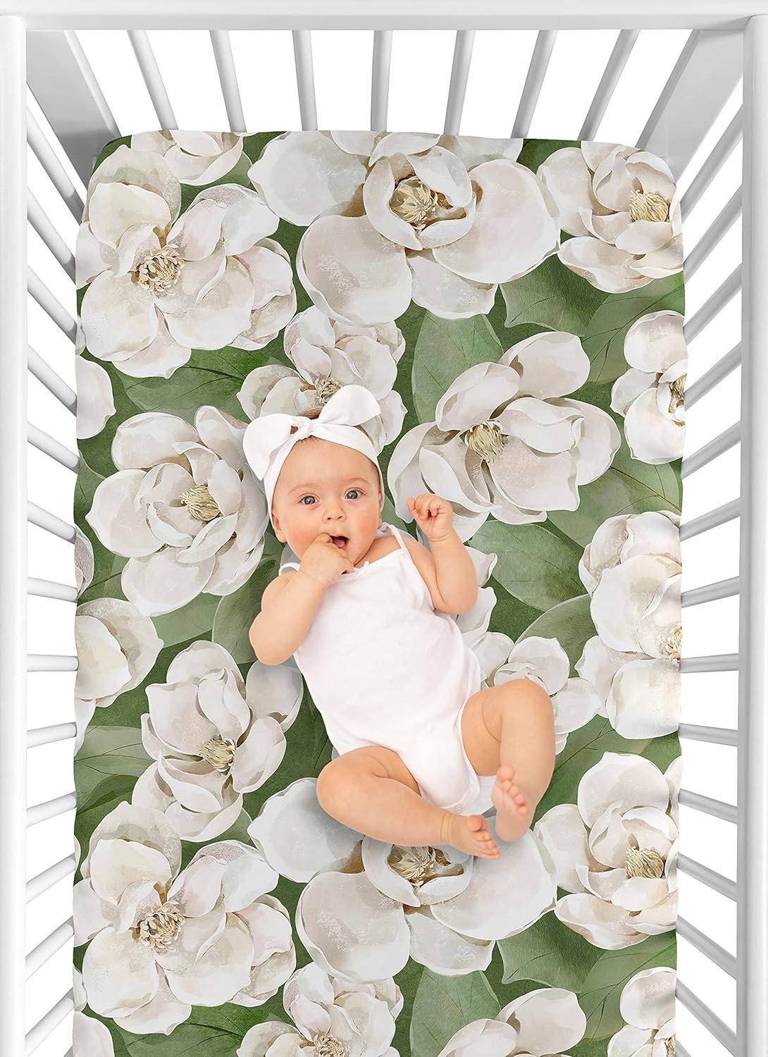 Sweet Jojo Designs Sage Green Boho Flower Floral Girl Baby Fitted Crib Sheet Infant Newborn Nursery Toddler Bed Room Standard Mattress Ivory Shabby Chic Bohemian Watercolor Garden Nature Modern