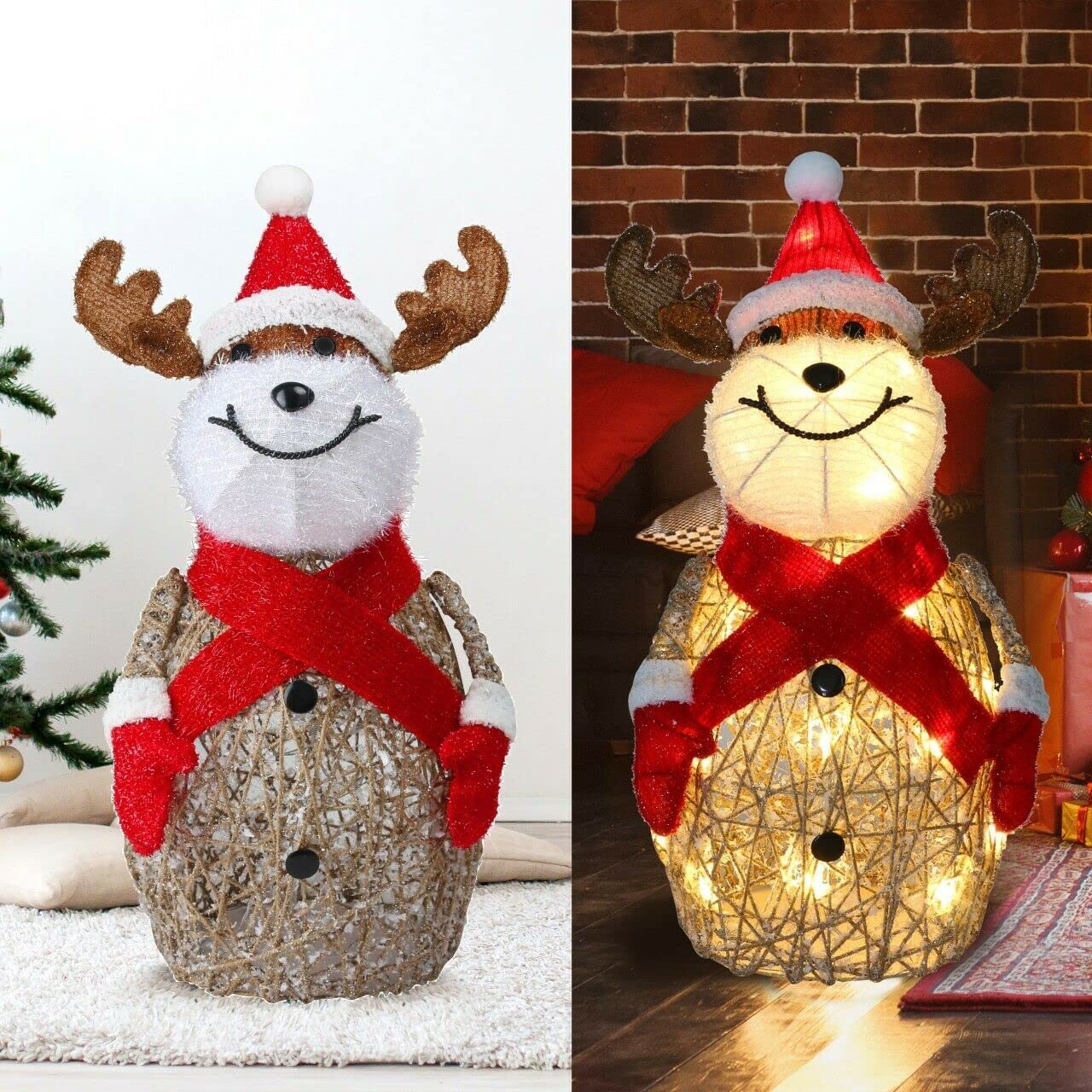 ADEPTNA Christmas 55cm Light up Glitter Reindeer Santa Snow Decoration – 25 LEDS Warm Light Xmas Santa Snow Covered Effect – Home Garden Office