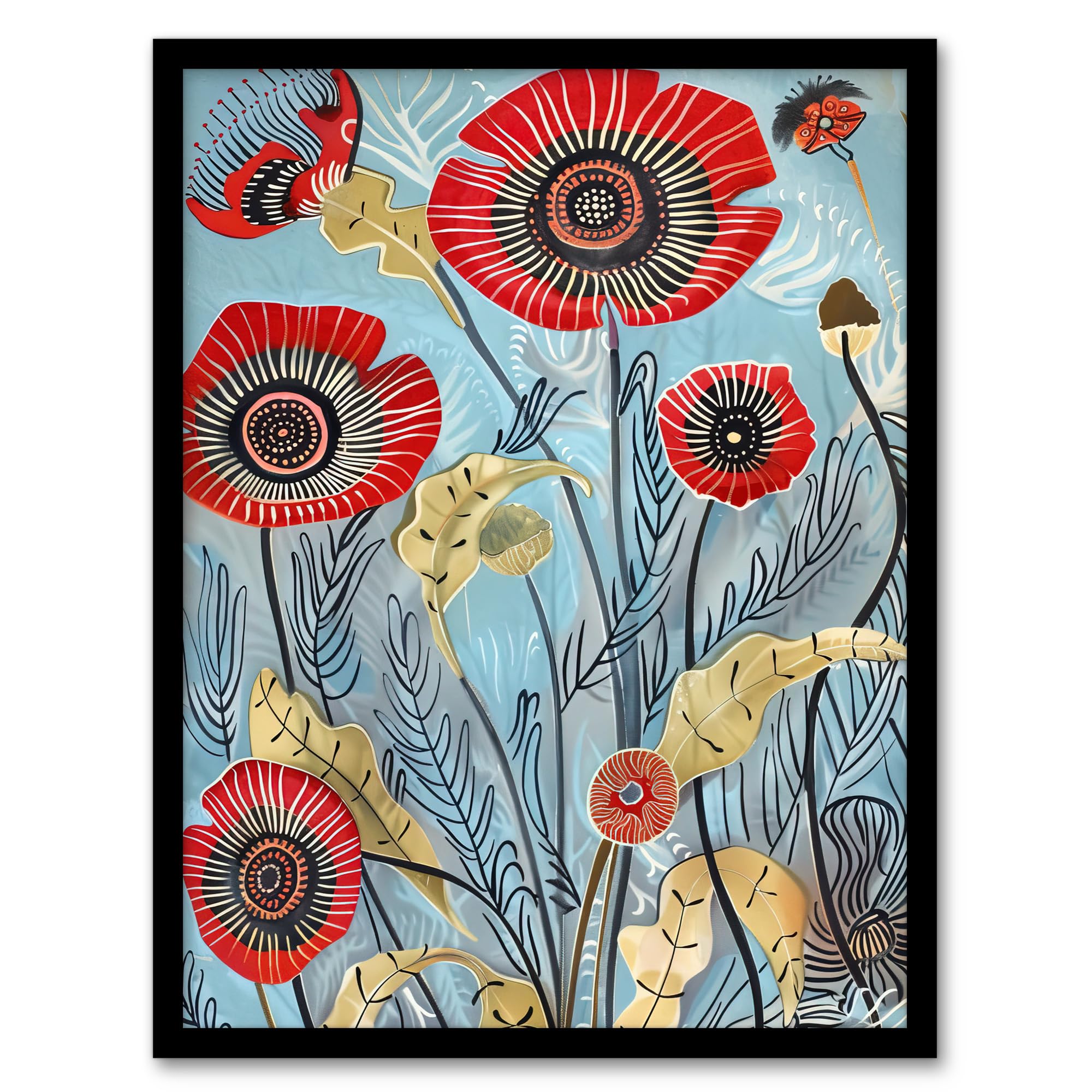 Artery8 Poppy Flowers Modern Folk Art Painting Quirky Living Room Artwork Framed Wall Art Print A4